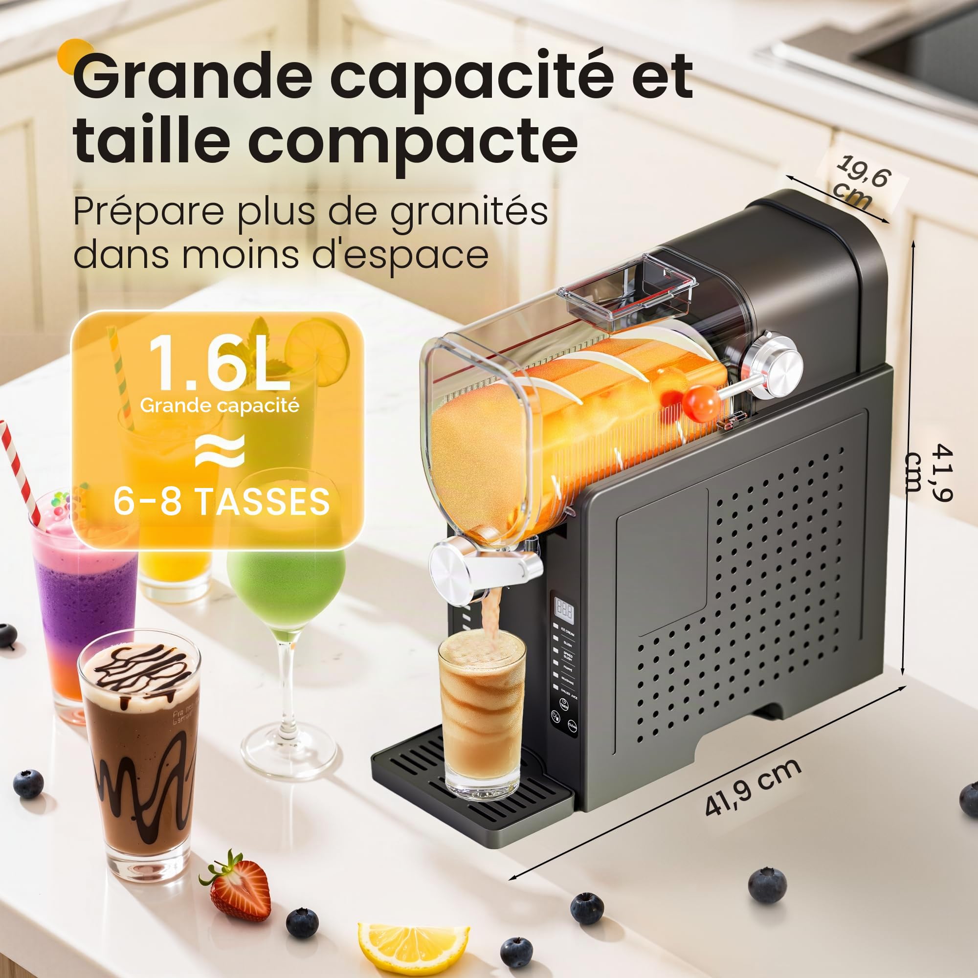 INITIO Machine à slush, 2L Machine à slushi pour la maison pour slushi, frappé, milkshake et margaritas, sans glace nécessaire, écran LED, autonettoyant, noir, AD03, 6 programmes + 1 pack