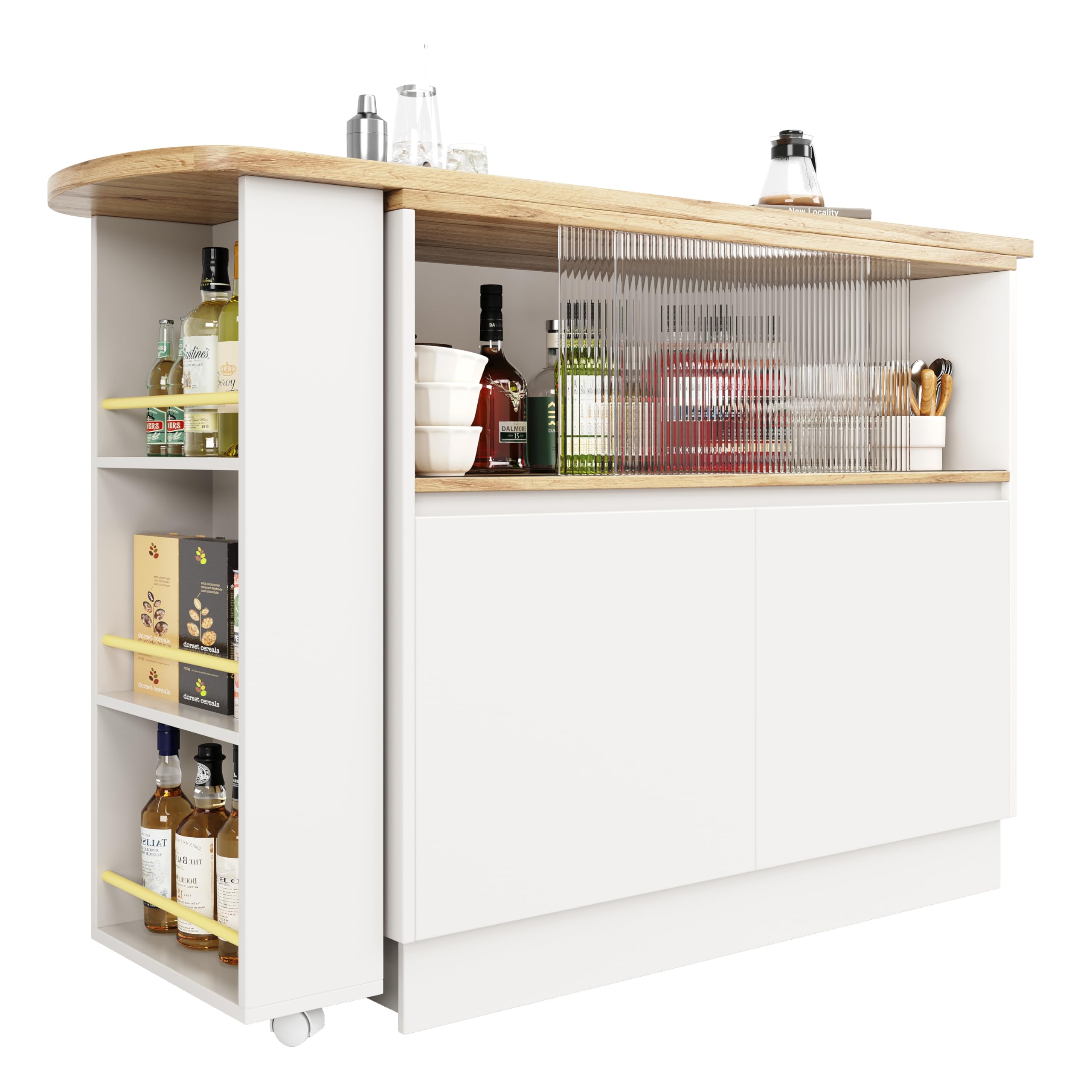 Azkoeesy Bartisch Esstisch 360° drehbare mit Stauraum, 90 x 45 x 100-165 cm, mit Rollen, Seitenregal, Schiebetüren aus Glas, Stehtisch/Bistrotisch/Hochtisch/Kücheninsel, weiß