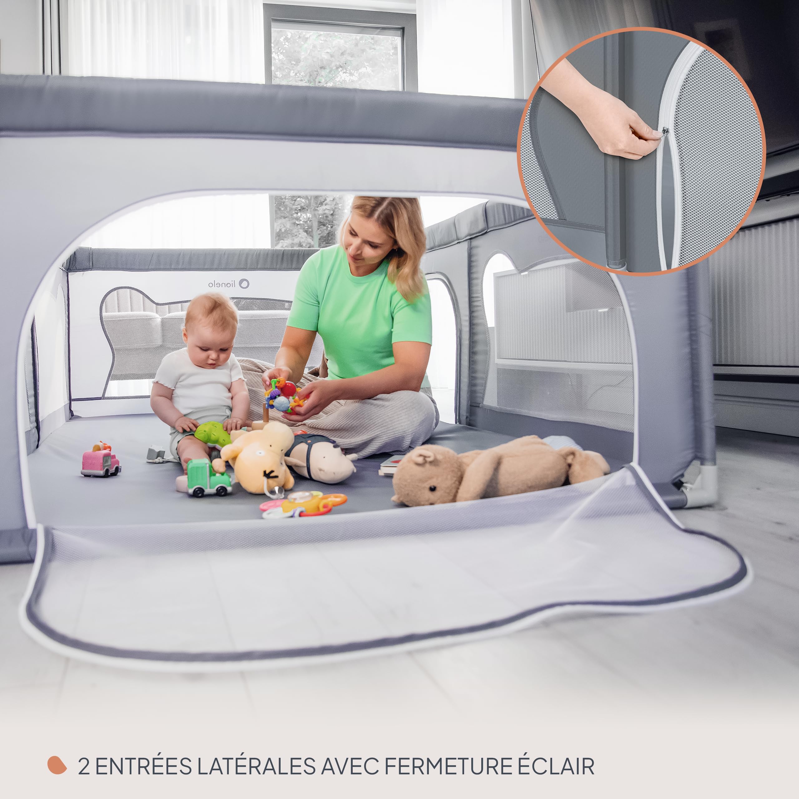 LIONELO WILLOW Parc pliant pour bébé, de 0 à 48 mois, grand espace 120 cm x 180 cm x 68 cm, parc pour bébé avec filet respirant, 2 entrées latérales zippées (Grey)