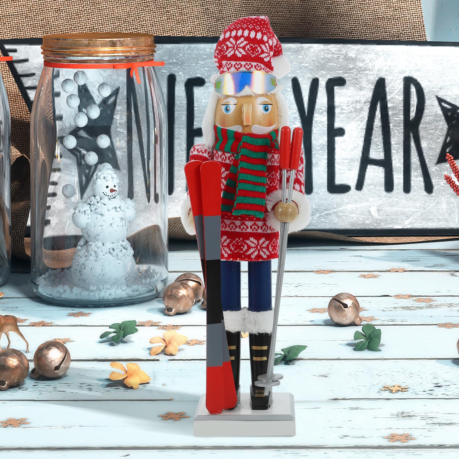BESPORTBLE Weihnachts Nussknacker Figur 38cm mit Gestreiftem Schal Skifahrer Jungen Dekoration für Festliche Tisch und Wohnraumgestaltung