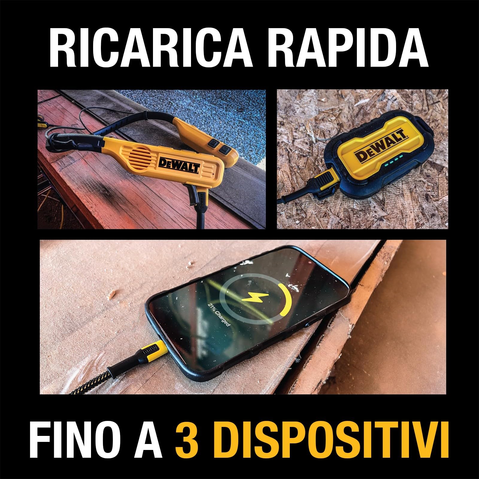 DEWALT Heavy Duty 3 porte Dual USB C blocco di ricarica, spina EU USB C, alimentatore di rete GaN (65 W) PPS veloce e compatto pieghevole per MacBook Pro/Air, iPad Pro, Galaxy S23, Dell XPS 13, Note