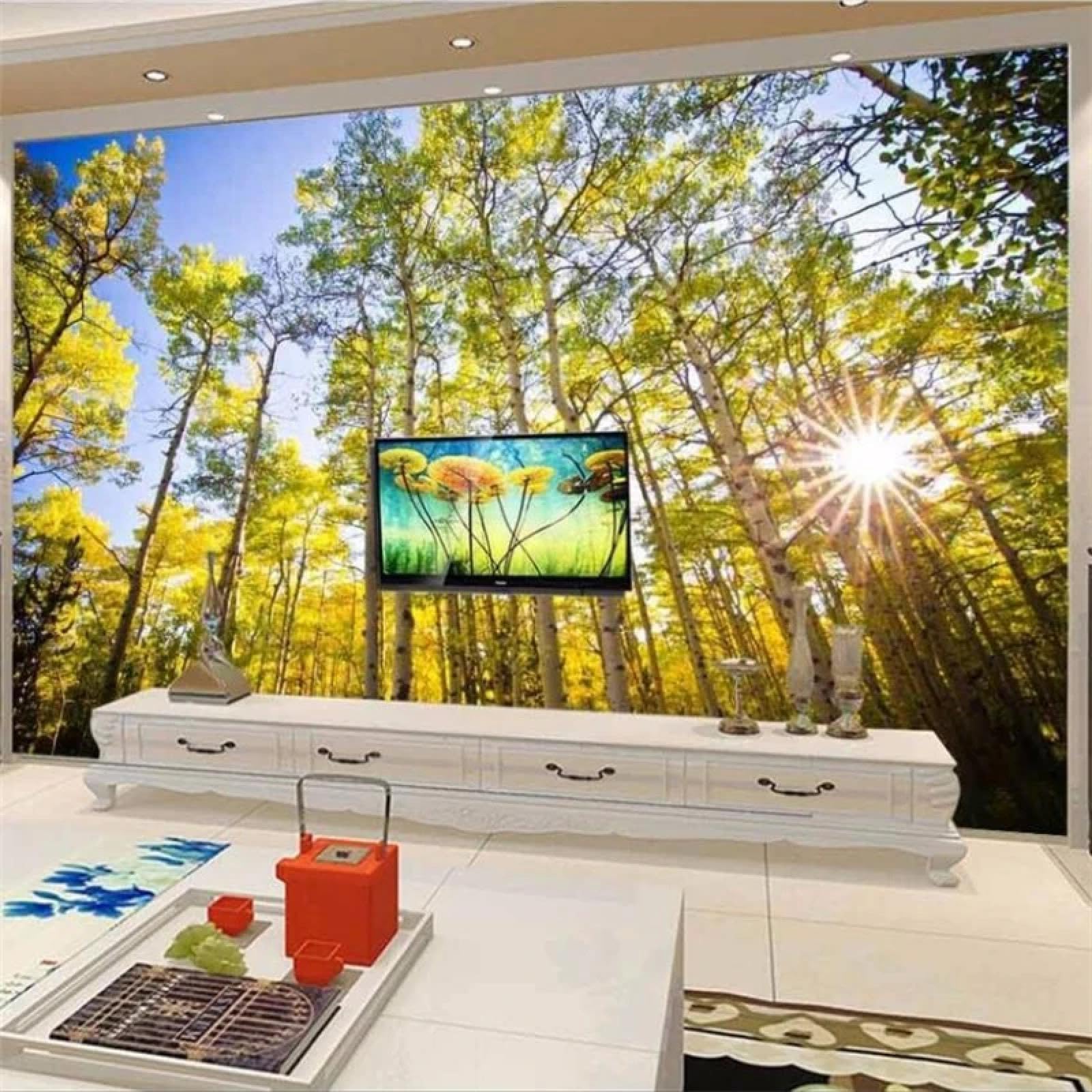 Samoprzylepna fototapeta 3D jesienny las w słońcu do salonu, sypialnia dekoracyjna tapeta