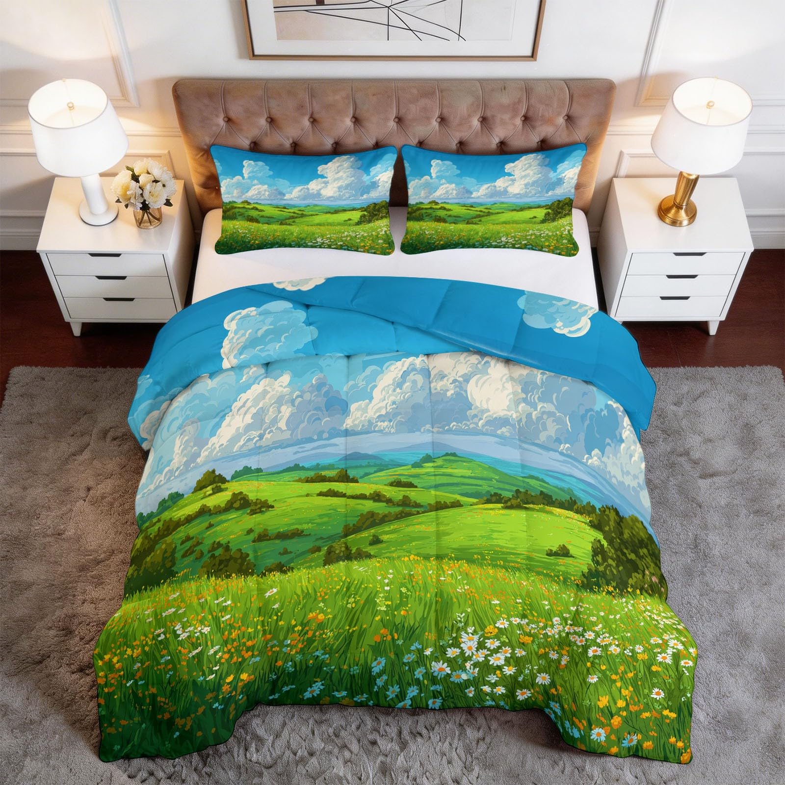 Komplet pościeli z wypełnieniem 220 x 240 cm z kreskówki, wzgórza łączne w jednym, oddychająca i nadająca się do prania mikrofibra Edredón - 3-częściowy zestaw z 2 poszewkami na poduszki, elegancki