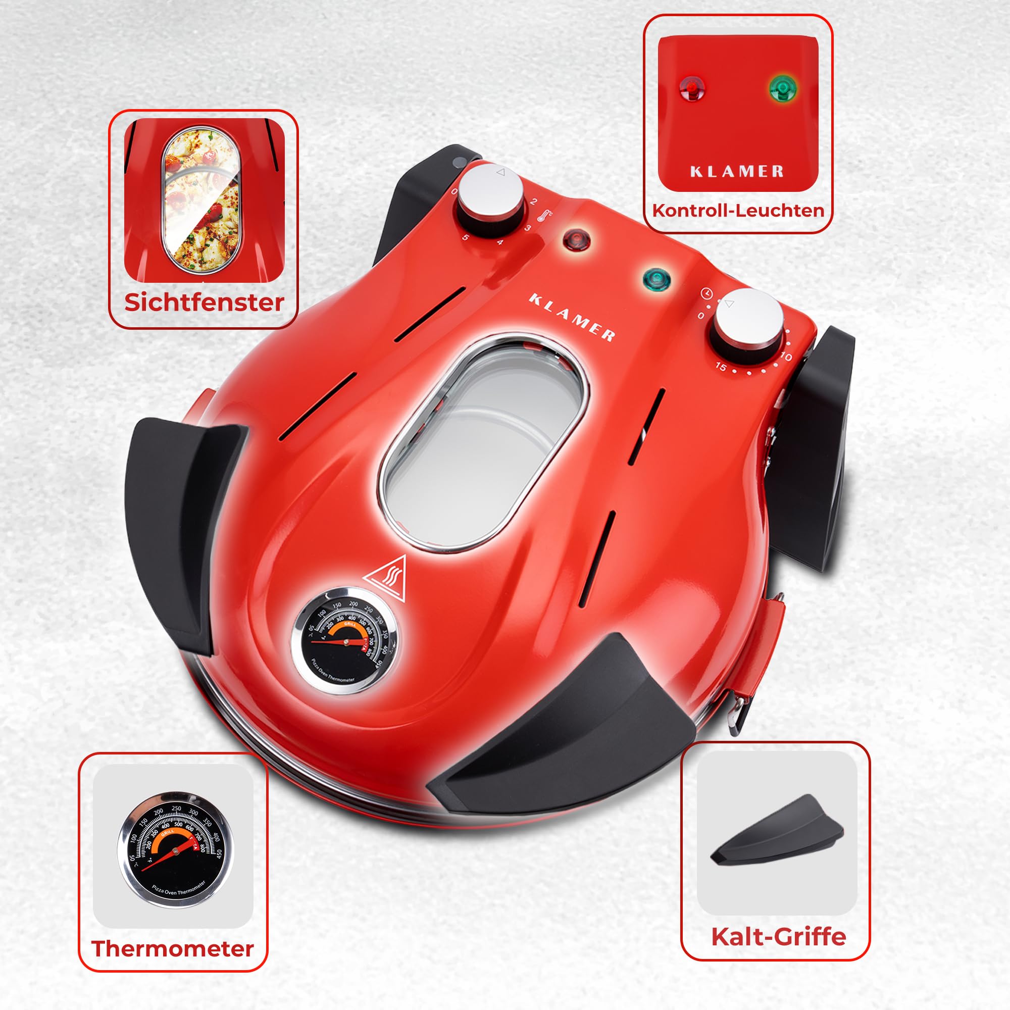 KLAMER Pizzaofen elektrisch, Pizza Ofen mit ⌀ 31cm, 1200W, 400°C, abnehmbarer Keramik Pizzastein, 5 Temperaturstufen, 15 Minuten Timer, Inkl. 2x Pizzaschieber