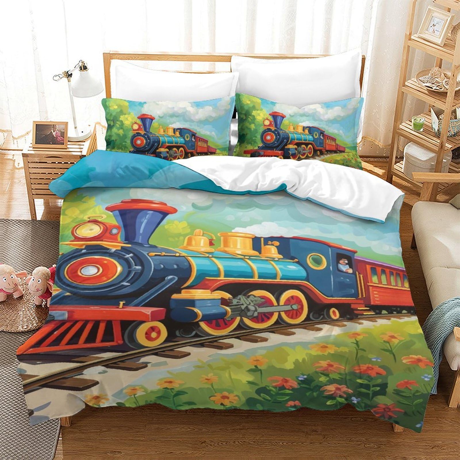 XFKLYNVCJ Steam Train Duvet Cover Set 3 PCS Hotel Quality Quilt Cover Bed Sets Bed Covers with Pillowcases with Zipper Closure Hypoallergenic Soft Breathable Microfiber Single（140x200cm）