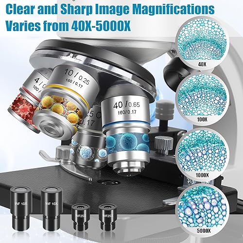 Miniatura 2 de Microscopio trinocular compuesto, microscopio LED profesional de laboratorio 40X-5000X para adultos con oculares WF10X y WF25X, escenario mecánico,