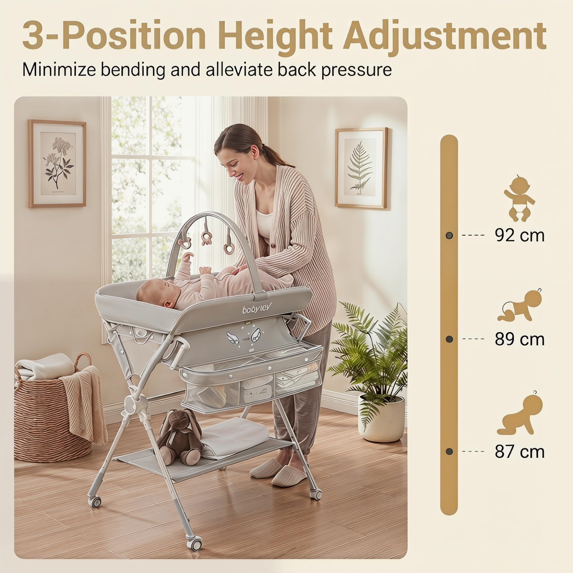 LIFEZEAL Table à Langer Pliante Réglable en Hauteur avec Rangements | Commode à Langer Portable pour Nouveau-nés et Nourrissons 0-12 Mois avec Roulettes Freinées, Arche de Jeux et Charge 25 KG