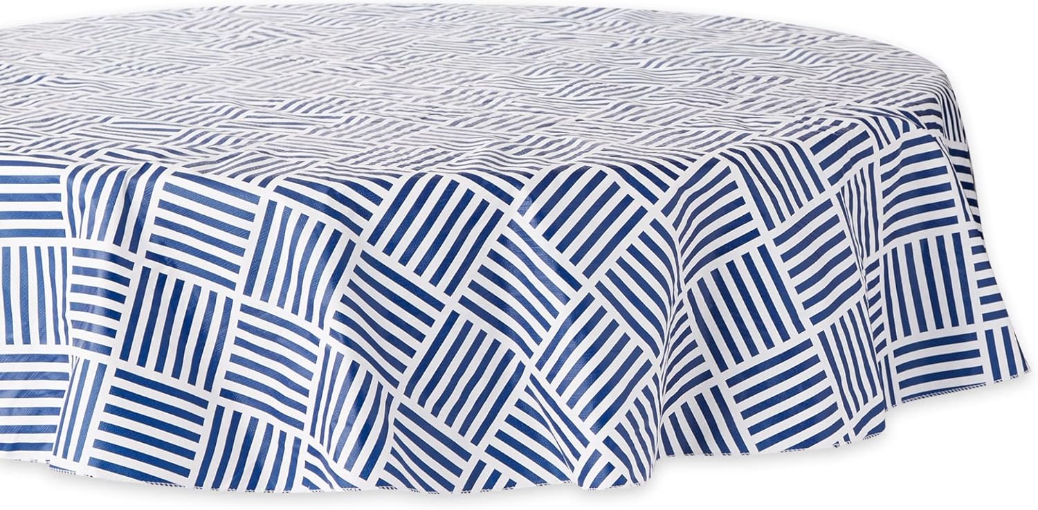 Navy and White Vinyl Round Tablecloth with Flannel Backing