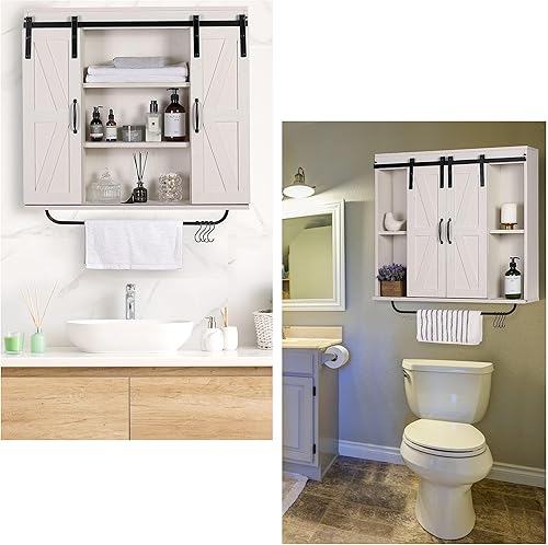 Vista 13 de RUSTOWN Armario de almacenamiento de pared de madera rústica con dos puertas correderas de granero, armario decorativo de 3 niveles para cocina