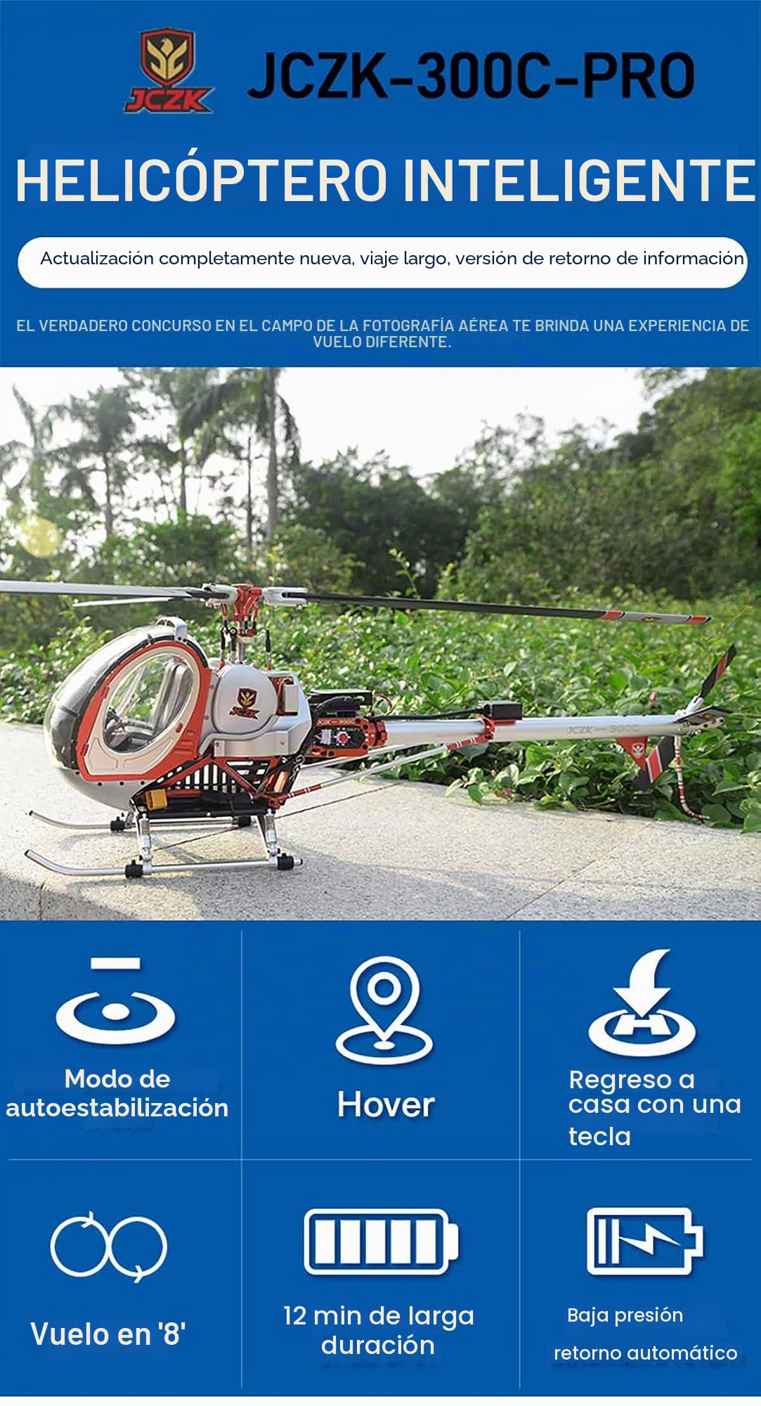 Helicópteros RC para adultos, JCZK 300C PRO 2.4G 12CH Flybarless RC Helicóptero modelo con control de vuelo inteligente H1 y posicionamiento GPS (versión RTF)