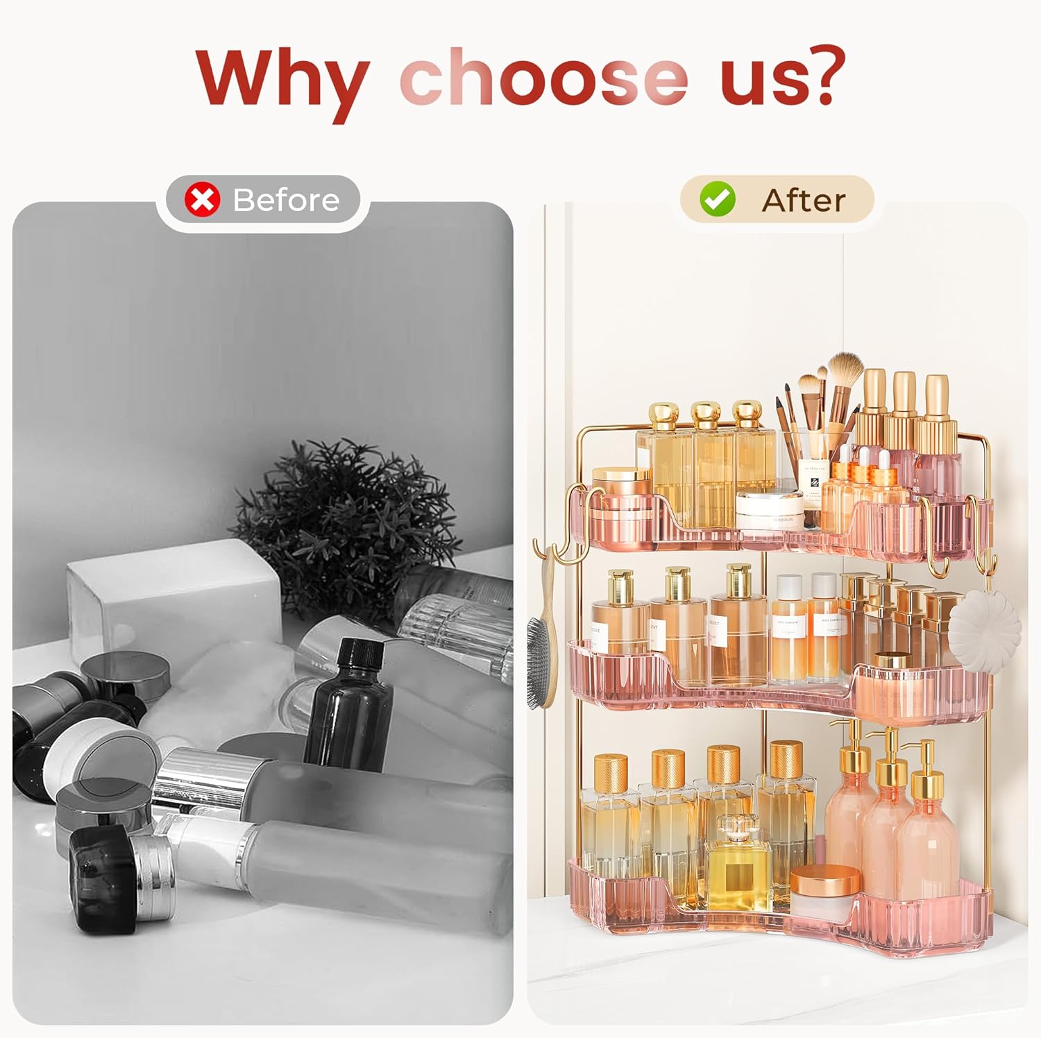 Corner Bathroom Counter Organizer 3-Tier Bathroom Organizer Countertop with Hooks Perfume Organizers Storage Shelf for Makeup & Skincare Dresser-Pink