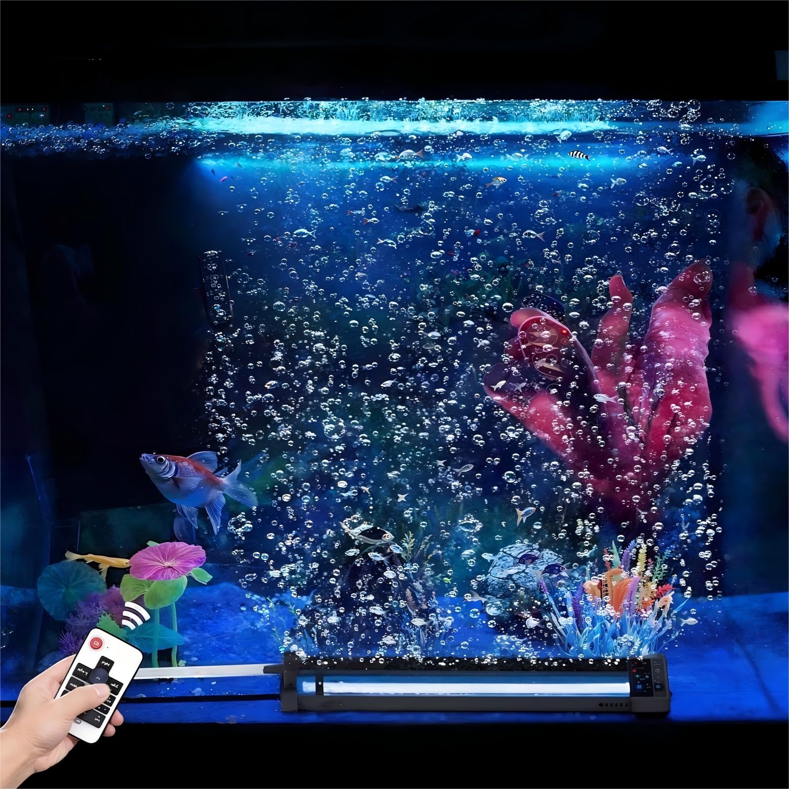 Submersible Bubble Aquarium Light：Multicolor RGB Fish Tank Light with Remote & Adjustable Brightness for Pet Plants Grow - Waterproof Submersible Led Lights for 5-10In Saltwater Tanks