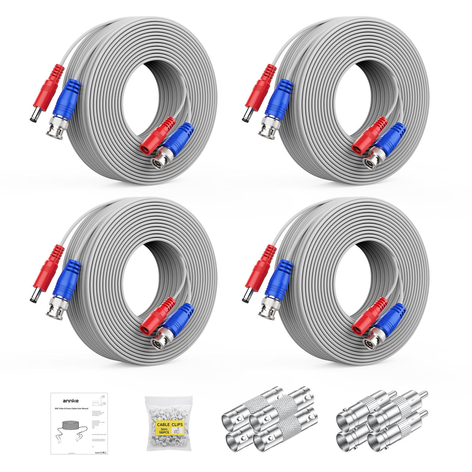 ANNKE 30M/100ft BNC Cable, Video Power Extension Surveillance Camera Cables for CCTV Security DVR System Installation, Free 8X BNC Connectors and 100pcs Cable Clips Included, 4 Pack, White