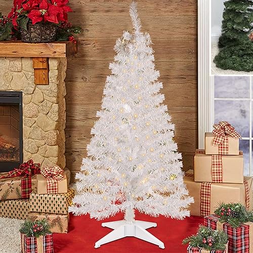Juegoal - Árbol de Navidad artificial de oropel preiluminado de 4 pies, árbol de abeto de pino blanco con 70 luces LED blancas cálidas, 8 modos de