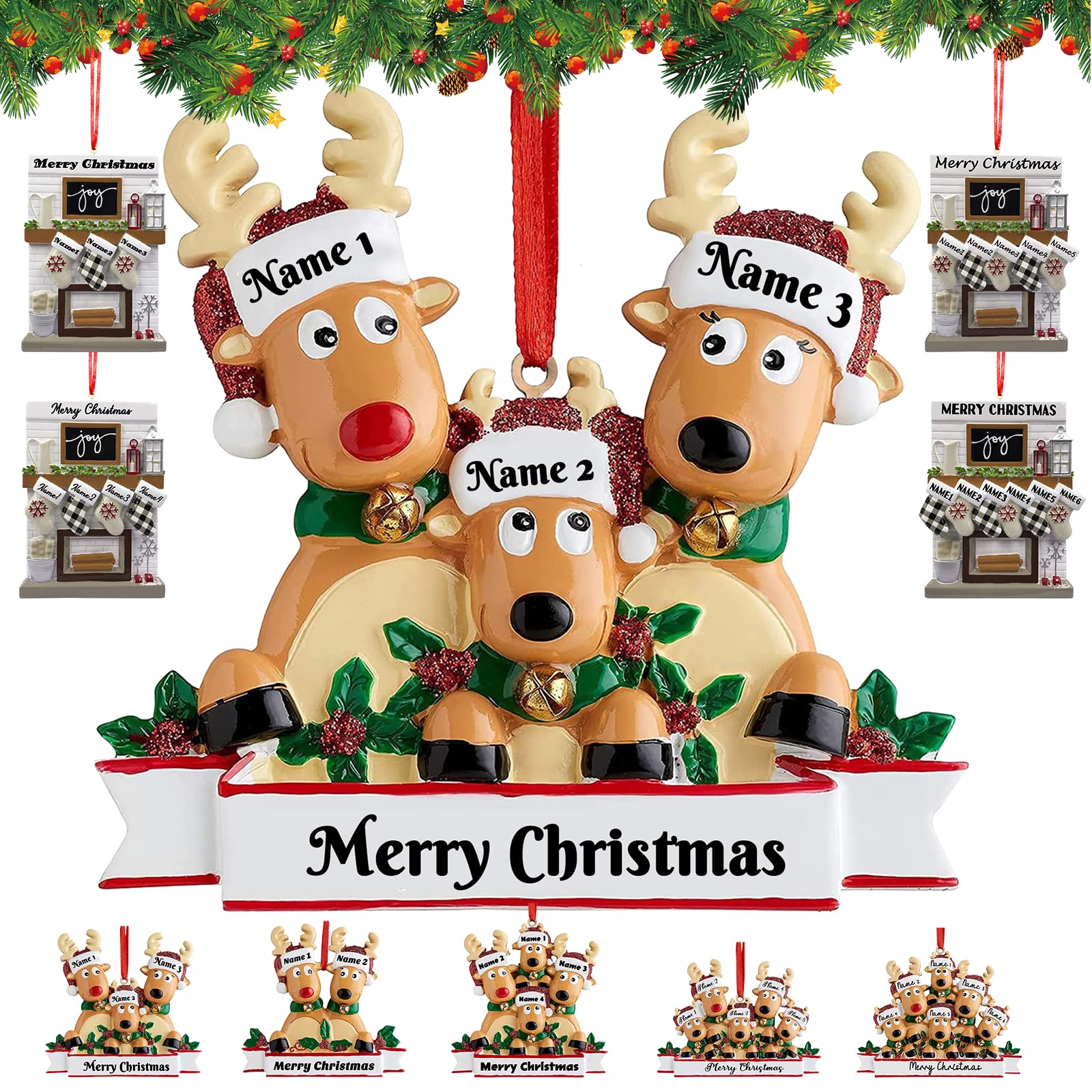 Adornos de Navidad Personalizados, Familia de 2/3/4/5/6/7/8, Adornos Personalizados de repisa de Ciervo de Navidad, Decoraciones Colgantes Familiares para árbol de Navidad