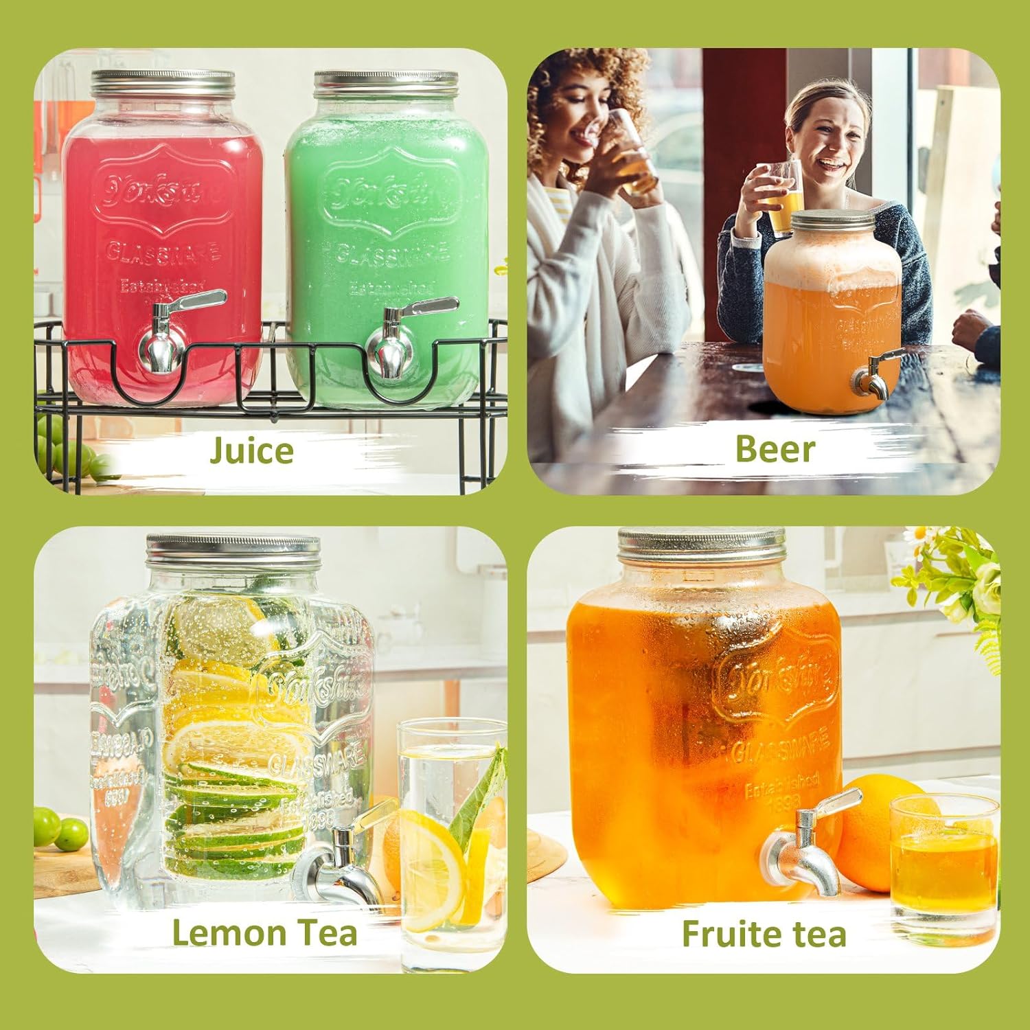 2-Pack 1-Gallon Glass Drink Dispensers with Heavy-Duty Wire Stand - 304 Stainless Steel Spigot (100% Leakproof) - Mason Jar Beverage Dispenser for Parties, Lemonade, Kombucha - Wide Mouth