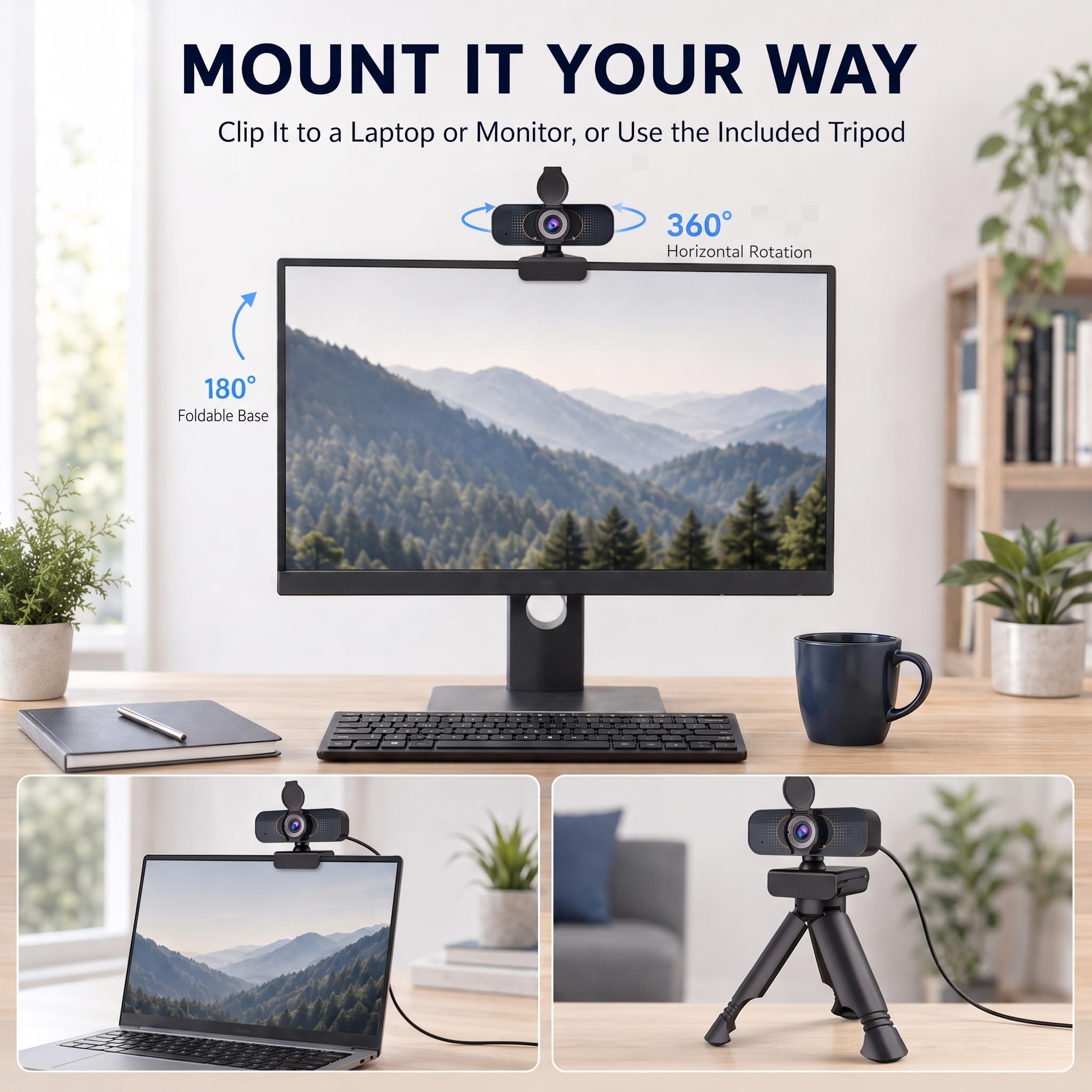 Webcam HD 1080P con treppiede girevole, microfono integrato, copertura per la privacy, fotocamera grandangolare, correzione automatica della luce, USB Plug & Play, per laptop, desktop, PC