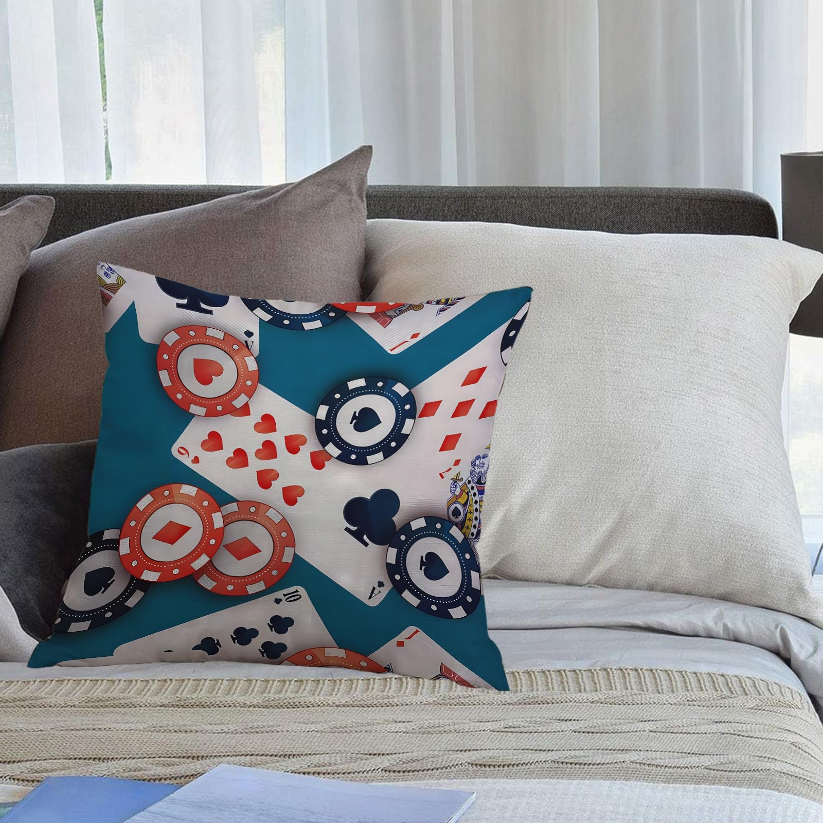 KHWEJ Cushion Covers Square Throw Pillow Case Printed Soft Pillowcases for Outdoor Patio Sofa Balcony Living Room,Game chips and cards are scattered on the table. Casino. Games. Leisure. Ris,16x16 in