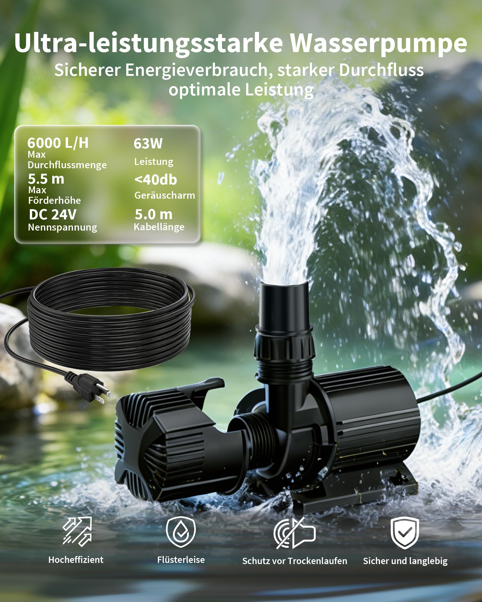 POPOSOAP Kit de Cascade de Bassin, Déversoir 58 cm Tout-en-Un avec Pompe Submersible 6000 L/H, boîtier filtrant et Tuyau, pour Bassin de Jardin, Bassin à Poissons et décoration Aquatique | Cascade de bassin avec pompe submersible de 6000 l/h, cage filtran