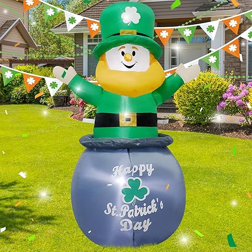 AJY Duende inflable del día de San Patricio de 4 pies que sostiene una pancarta inflable para interiores y exteriores, decoración de césped
