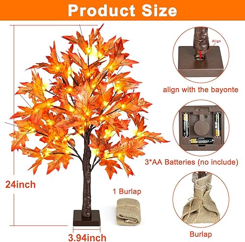 Miniatura 4 de FastDeng Árbol de arce iluminado de otoño de 24 pulgadas, árbol artificial de mesa de 24 pulgadas con 36 luces LED, 72 hojas, 6 bellotas,