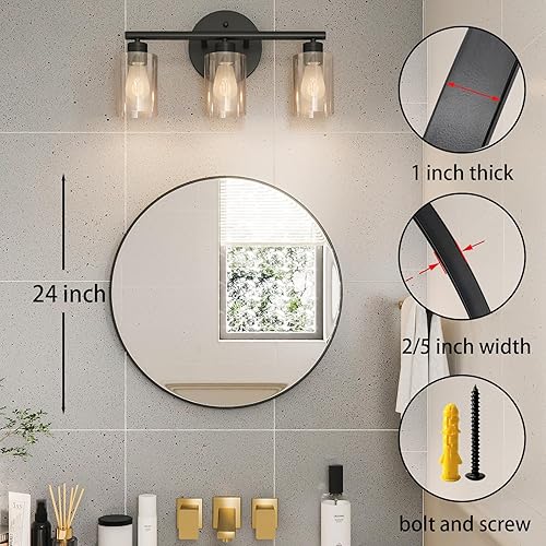 Miniatura 9 de Growsun Espejo redondo negro de 28 pulgadas, espejo de baño para pared, espejo circular montado en la pared para decoración de sala de estar, espejo