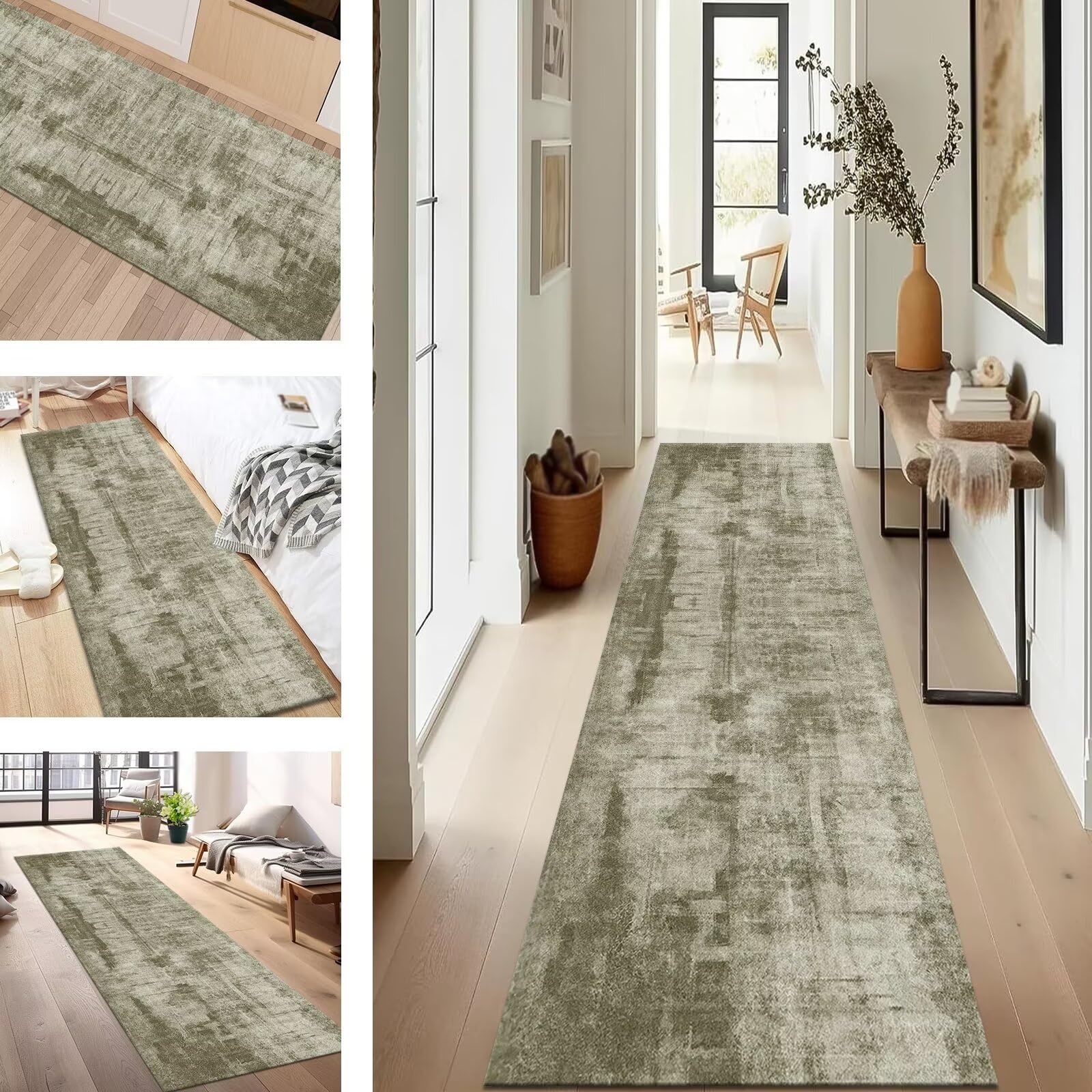 Tapis de couloir lavable et antisalissure 40x450cm vert abstrait