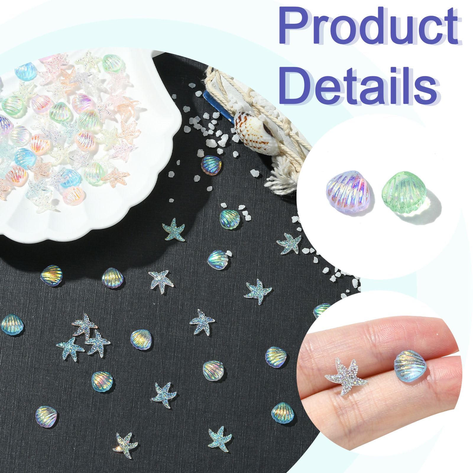UR URLIFEHALL 180 Pcs 12 Styles Iridescent Resin Cabochons Flatback Starfish Shell Embellishments for Nail Art Crafting Fishbowl Vase Decor - Image 3