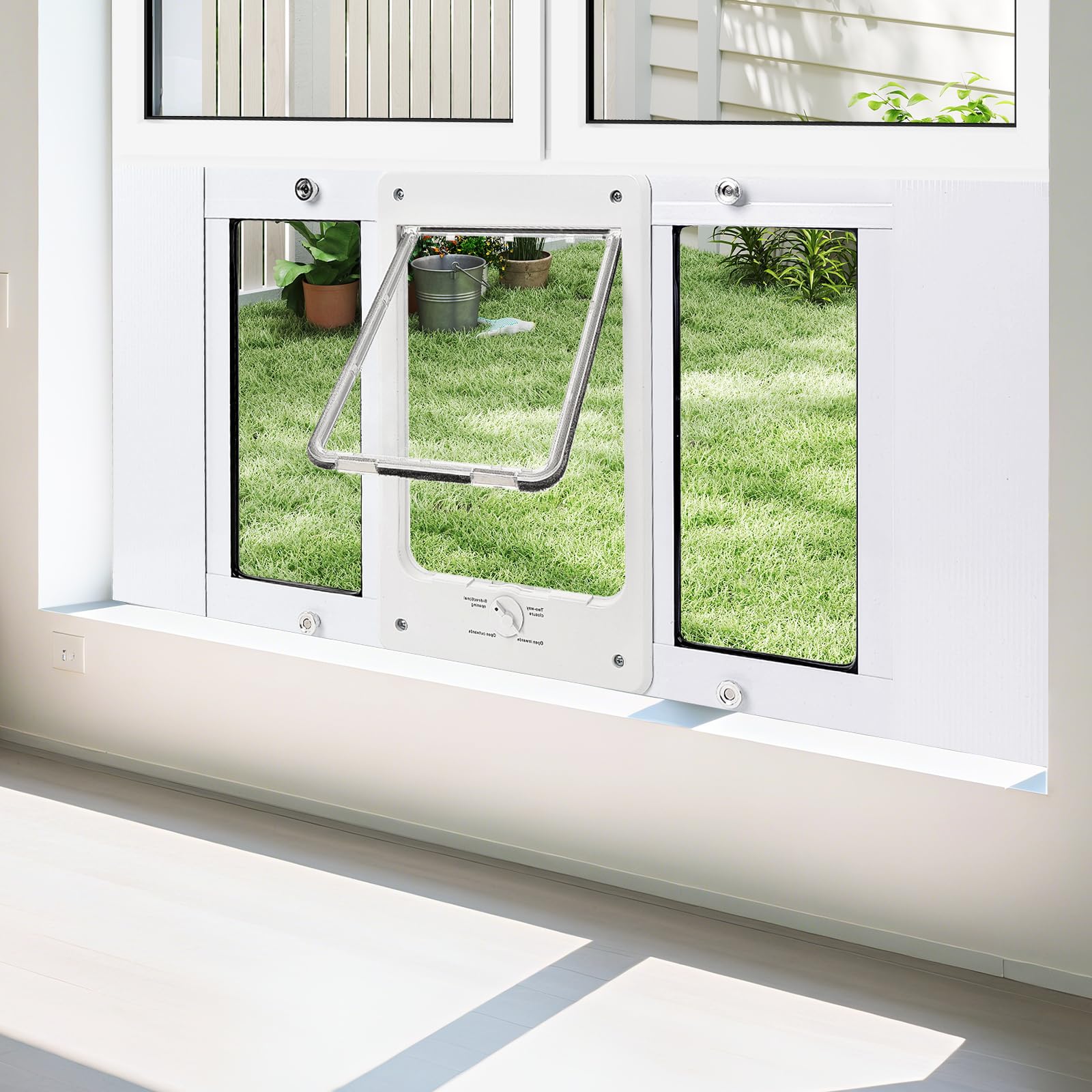 Full-Size Window Pet Door for Cat&Small Dog, Fits 24"-28" Width Windows, Quick-Fit Cat Door Window Insert, 4 Locking Mechanisms, Magnetic Closure Cat Door for Window,Aluminum Frame Pet Door for Window