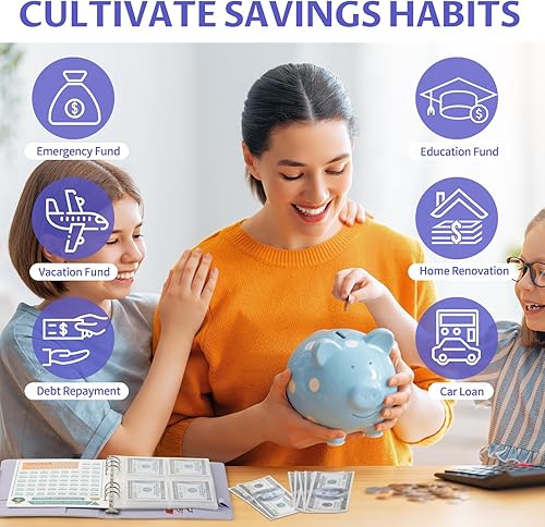 Vista 11 de ONEDONE Carpeta de desafíos de ahorro de dinero de 100 sobres A5 con sobres de efectivo y marcador borrable para ahorrar dinero en efectivo