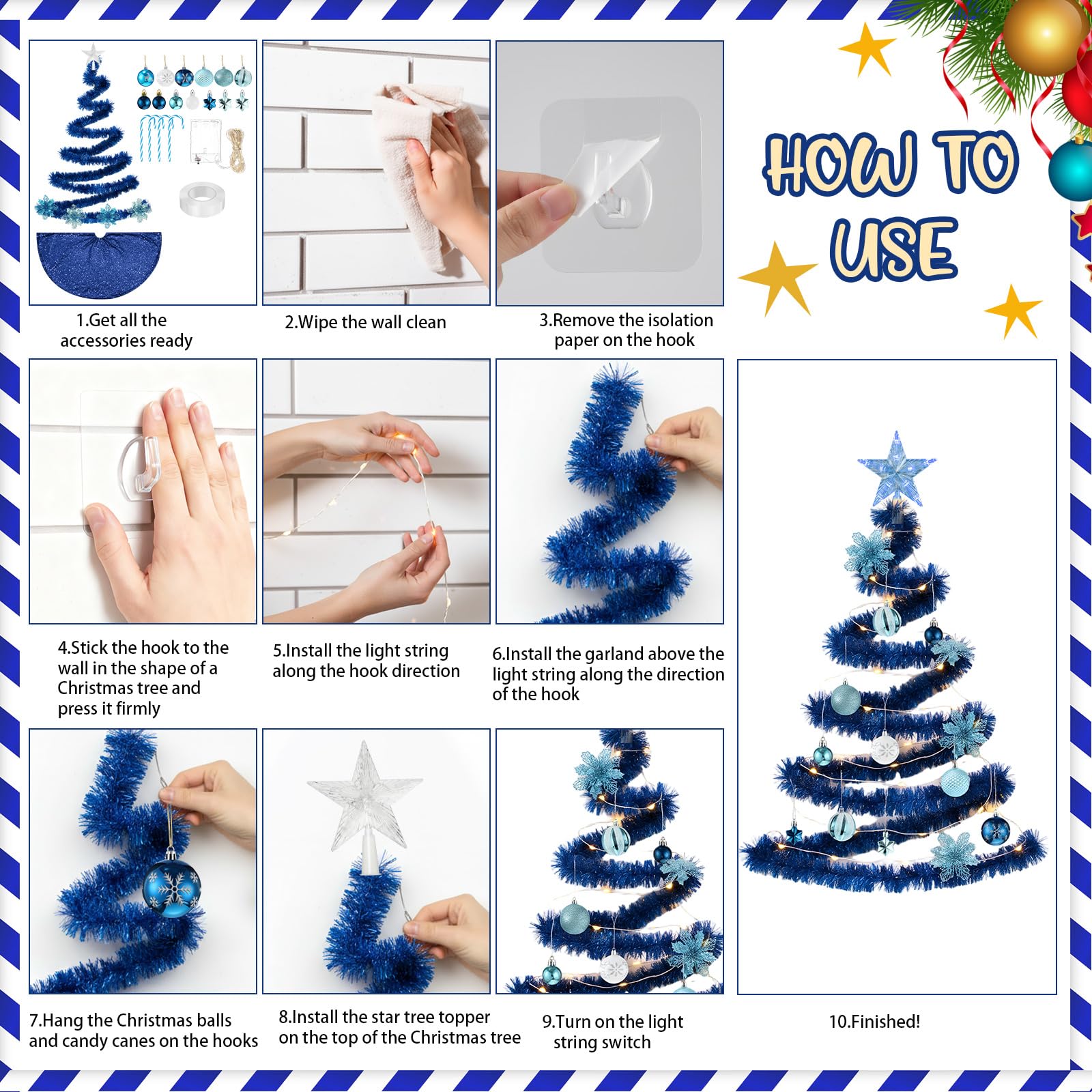 HyDren Lot de 91 décorations de sapin de Noël à suspendre au mur avec lumières - Guirlande de Noël de 20 m - Étoile, décoration de sapin - Décoration d'intérieur (bleu)