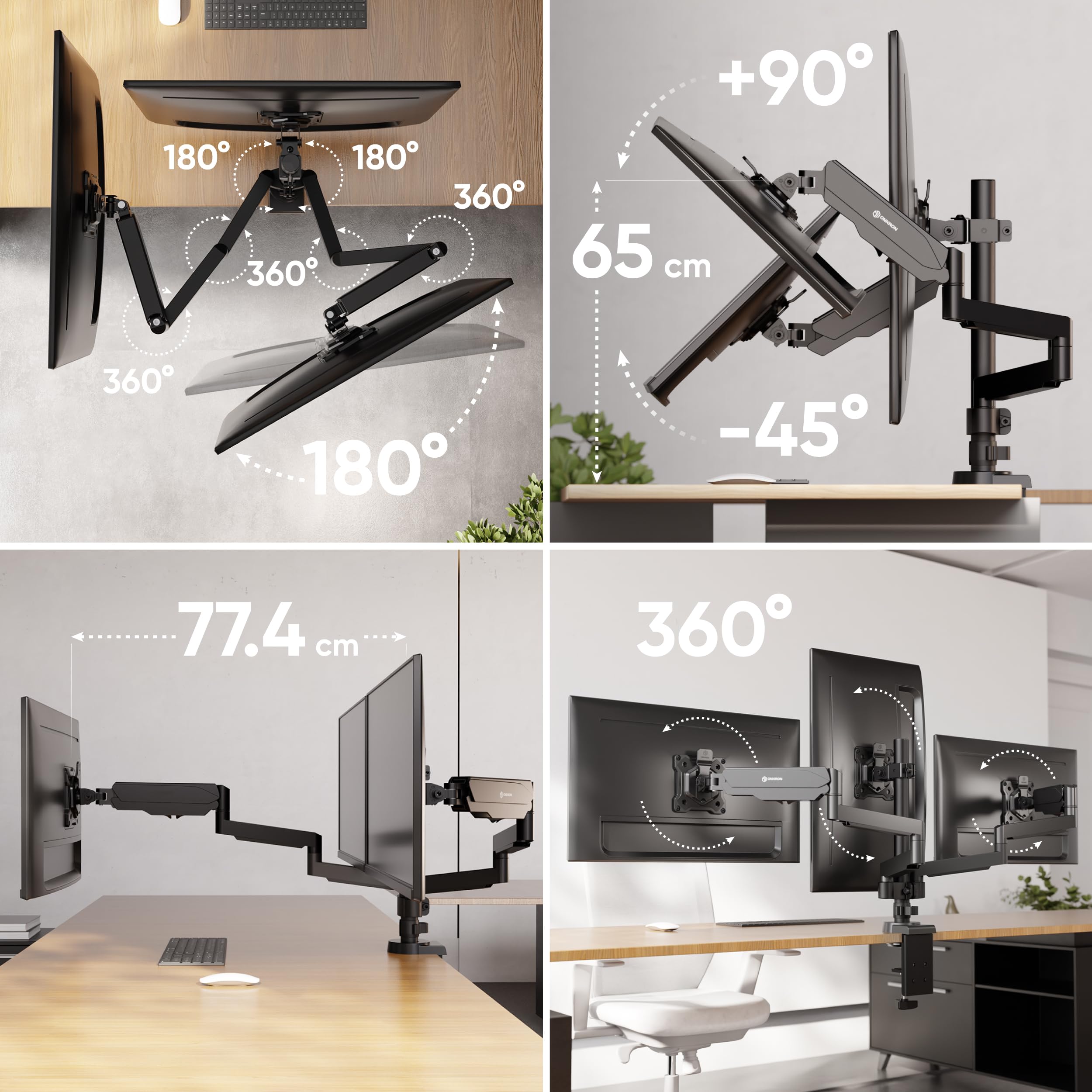 ONKRON Monitor Halterung 3 Monitore für 13-32 Zoll, bis 8 kg pro Arm, Monitorhalterung mit Gasdruckfeder, VESA 75x75-100x100, Triple Monitor Arm Stand drehbar, schwenkbar, neigbar Schwarz G280-B