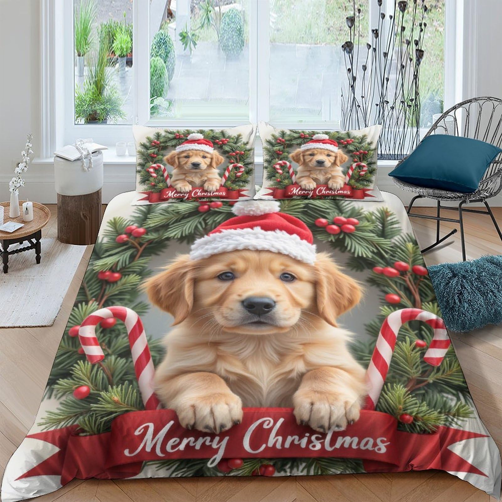 Ctjqhvkz Style-3 3D Printed Christmas Puppy Fitted Sheet Microfiber Soft Santa Hat Bed Cover Red Green For Bedroom Guest Room Decor Single（135X200cm）