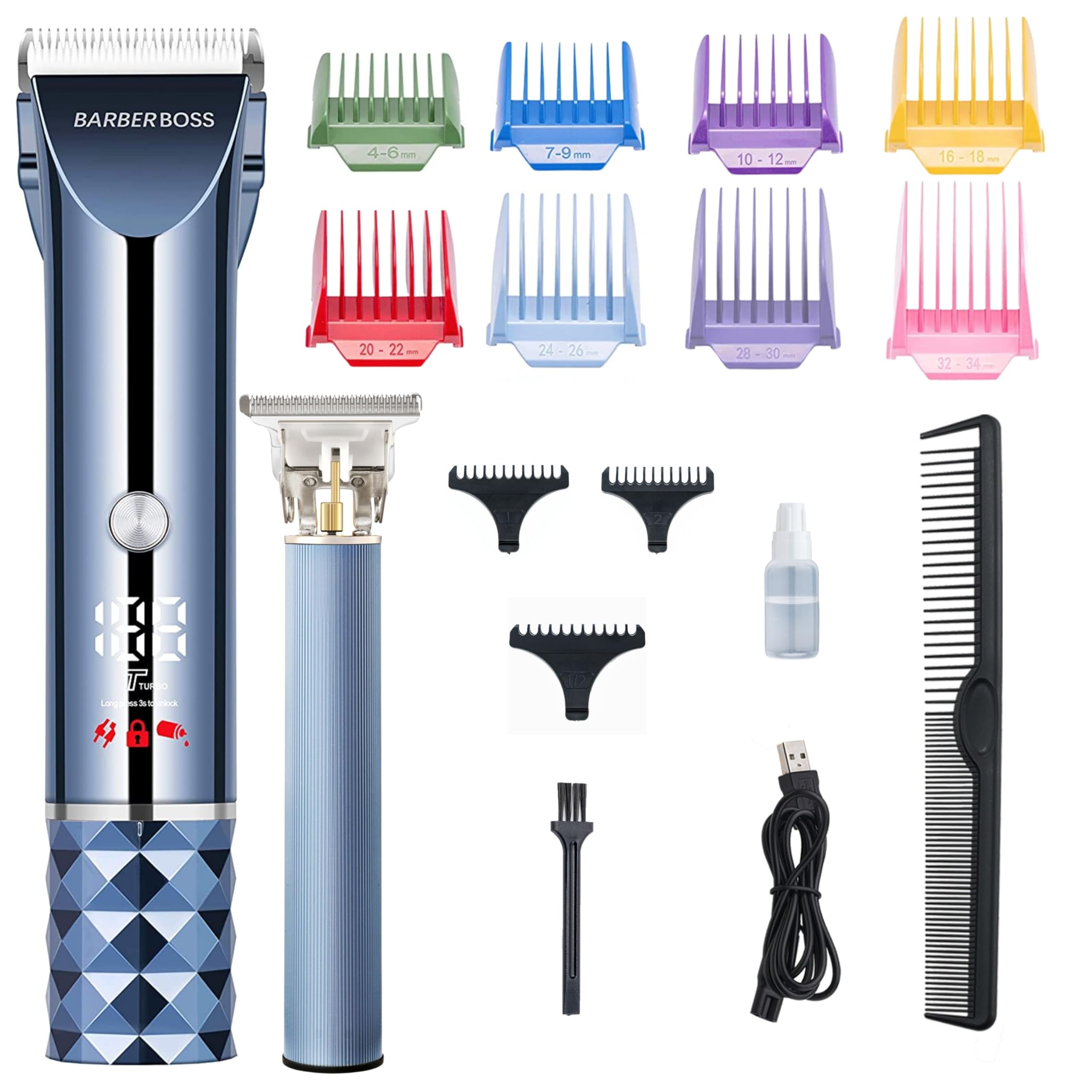 BarberBoss Cordless Hair Clippers for Men, Beard & Hair Trimmer Set including LED Oil Display, 8 Comb Attachments