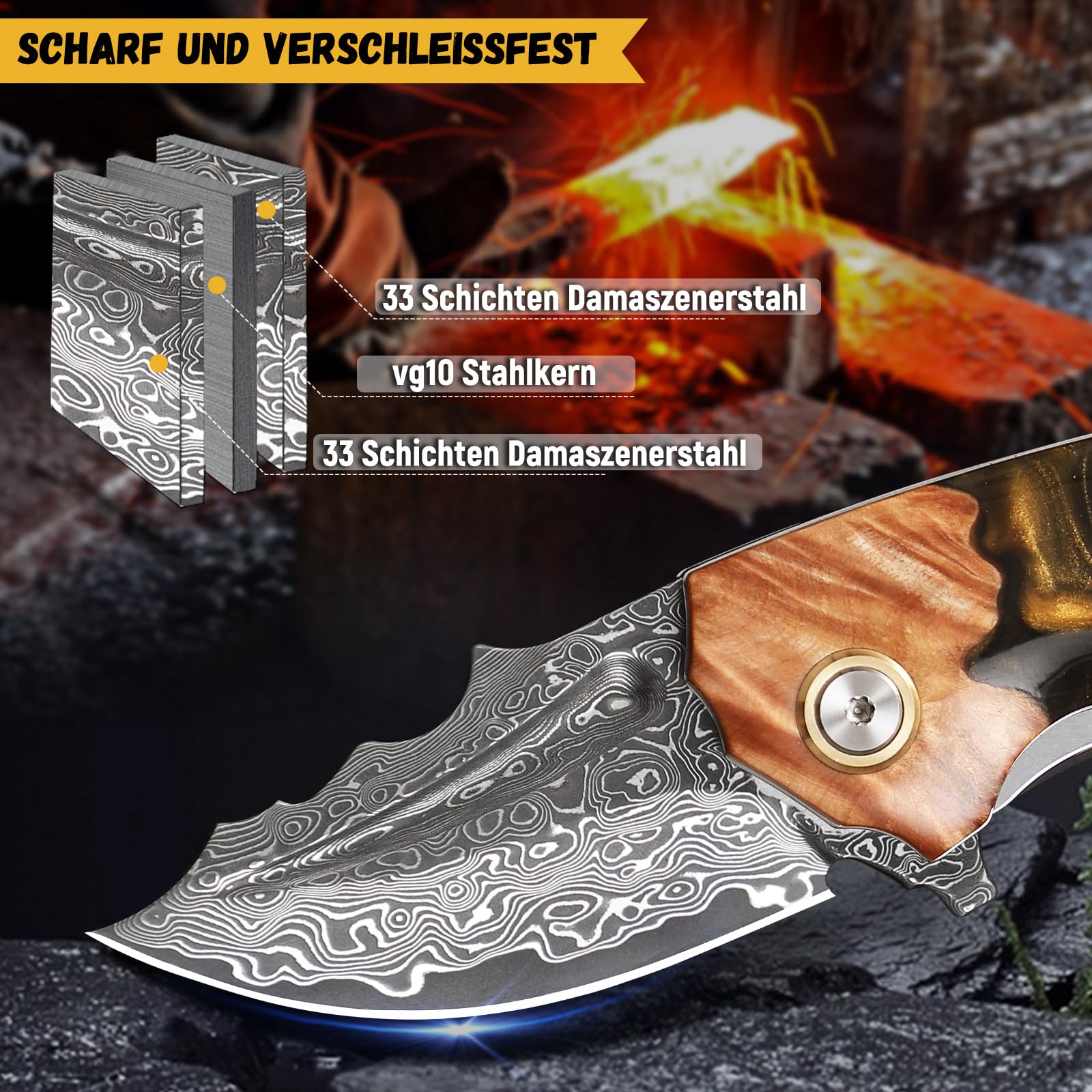 Handmade Japanese Damascus Steel Pocket Knife.Men's and Women's EDC Folding Knife，6cm Sharp blades，With leather sheath，Resin and maple handles，Suitable for hiking adventure, outdoor camping carry, mul