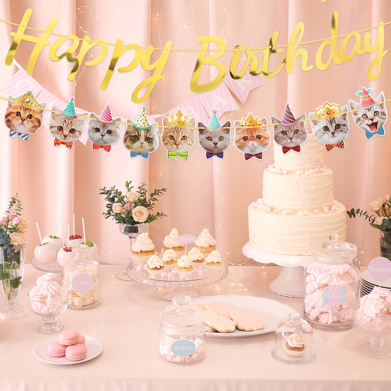 2 Stück Happy Birthday Banner Mit Katzengesichtern – Girlande, Goldene Wimpelkette, Lustige Geburtstagsdekoration