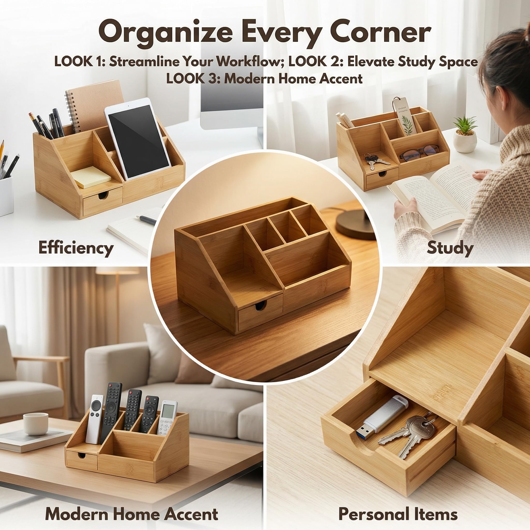 Holz Schreibtisch Organizer 24.5x15x11cm Büro Organizer mit 7 Fächer und Schublade Aufbewahrungsbox Fernbedienung Halterung Stiftehalter Schreibtischablage Tischorganizer für Büro und Zuhause