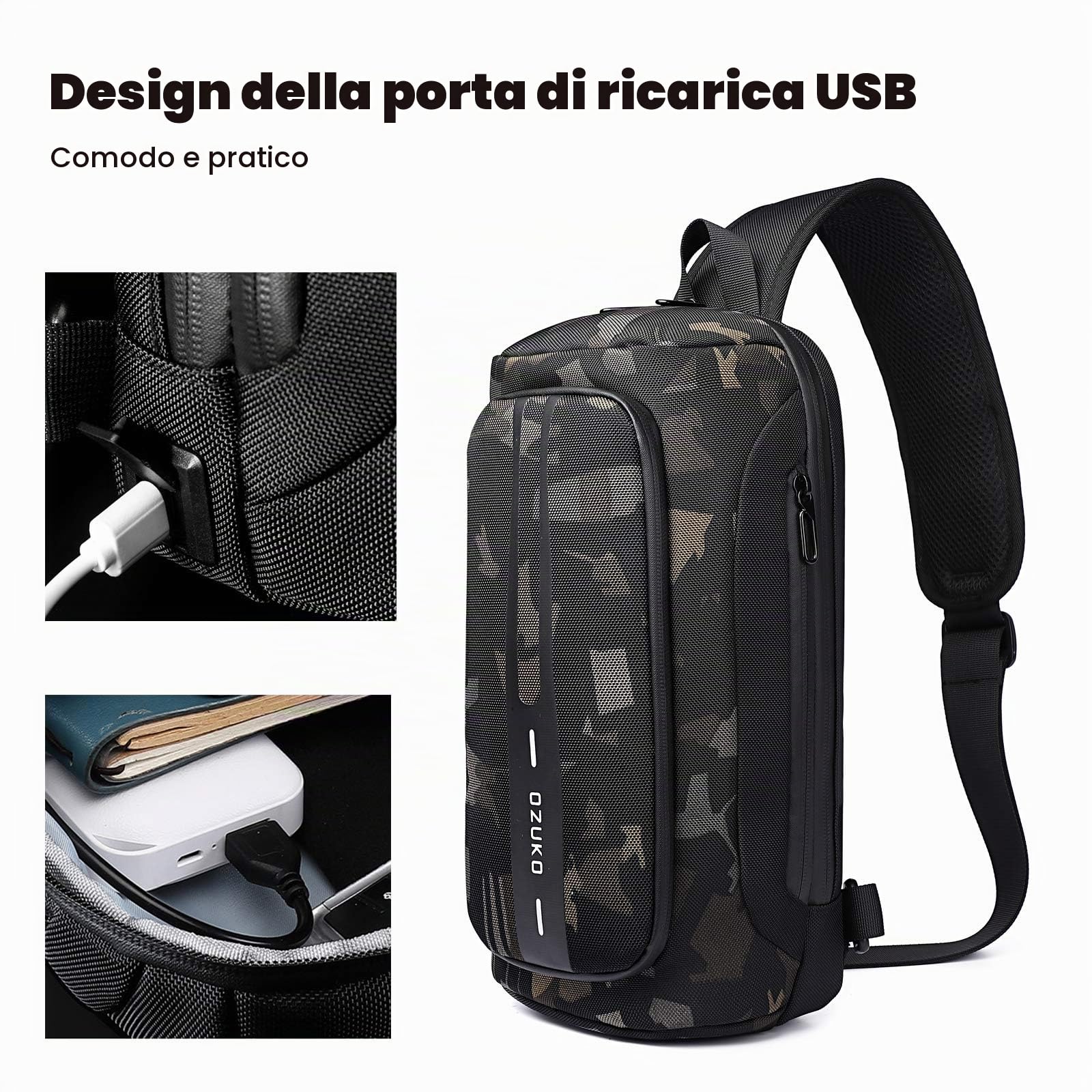 FANDARE Antifurto Zaino Monospalla Zaino Spalla con USB Grande Capacità Borsa a tracolla Uomo Donna Sling Bag Business Borsello a tracolla Borsa a Spalla per Trekking Ciclismo Viaggio Sports Durevole