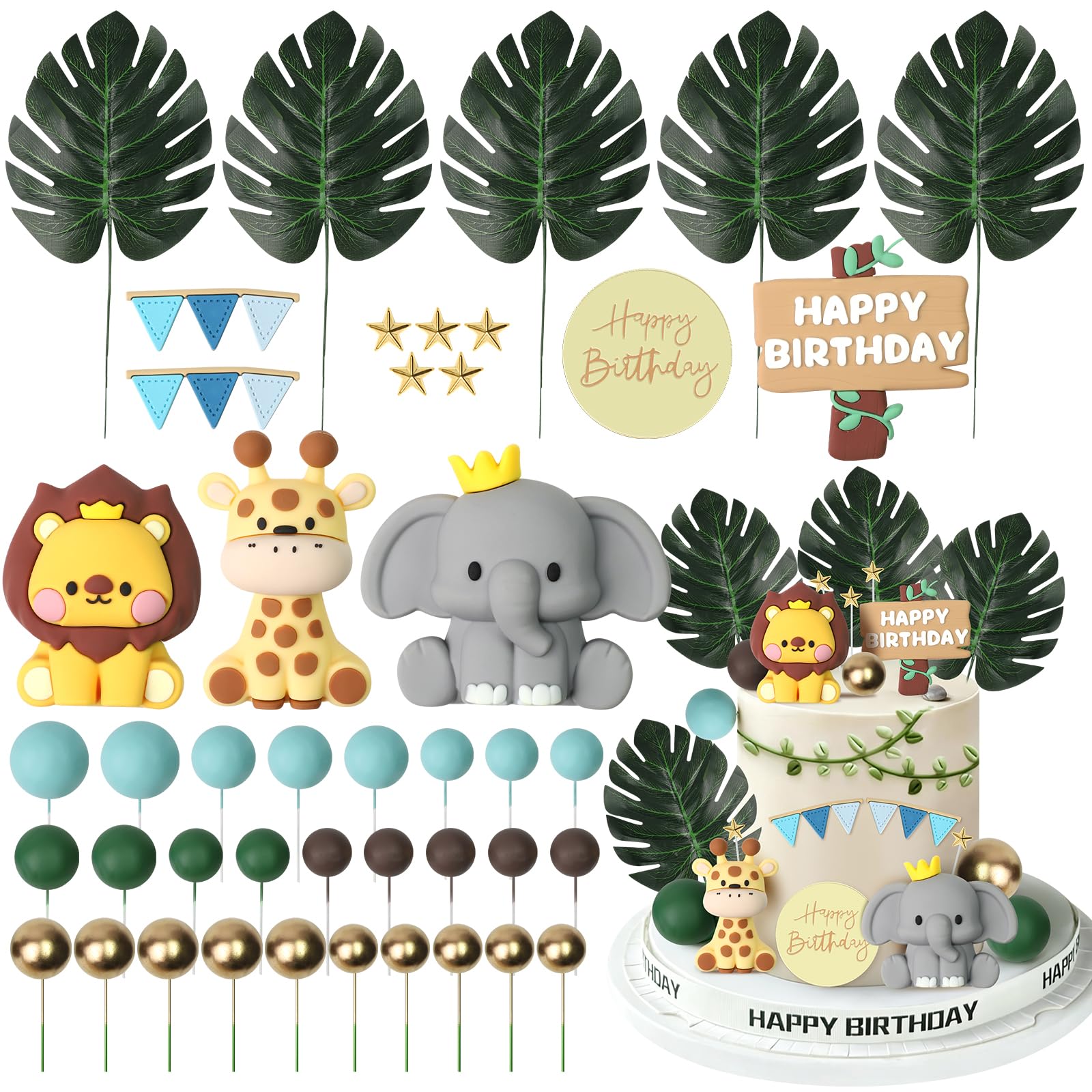 Molirex 42 Pcs Jungle Safari Cake Toppers, Leaves Bunting Balls, Reusable Cake Decorations for Animals Themed Birthday Baby Shower Party Decorations