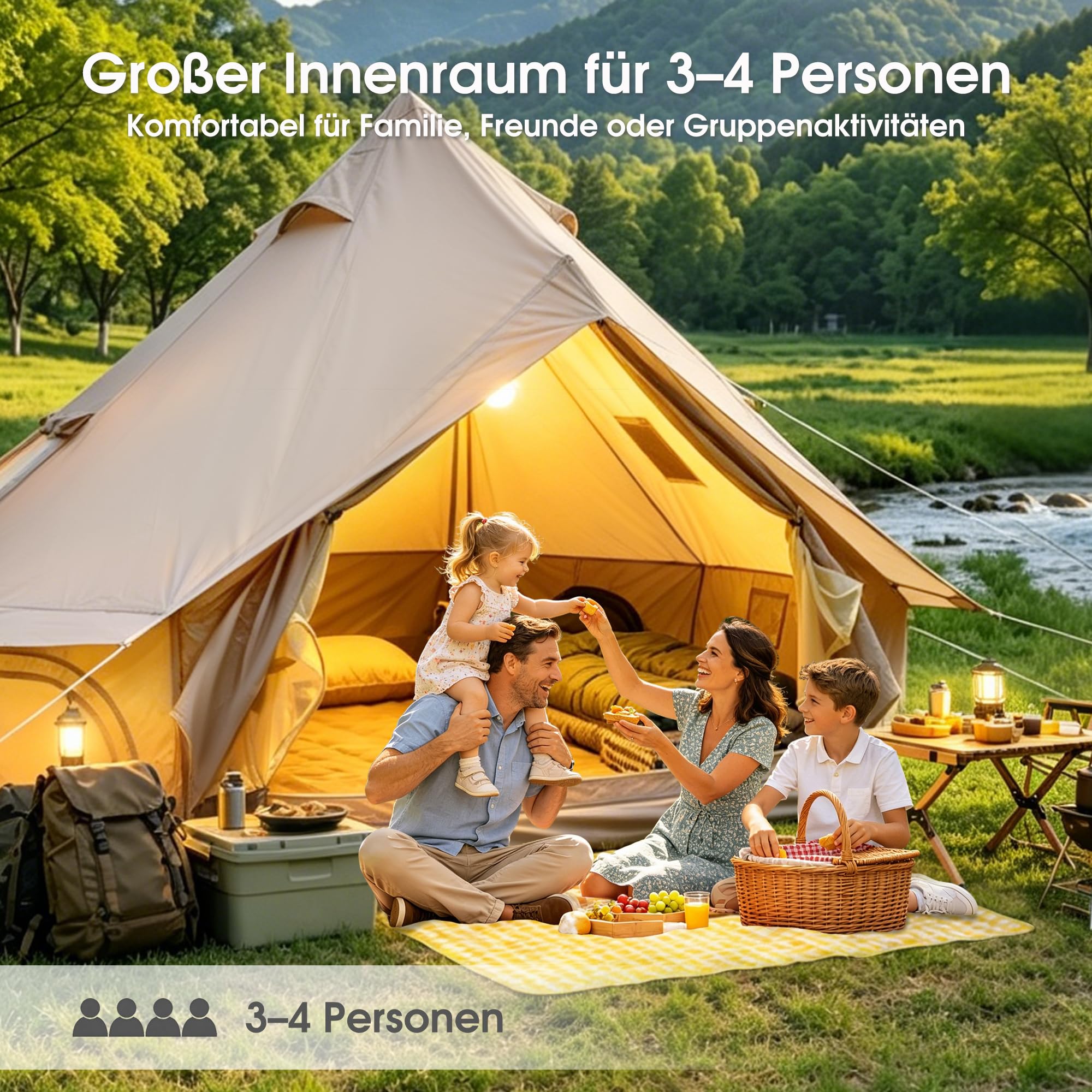 Bell Tipi Zelt Outdoor, 3M & 4M 4-Jahreszeiten Canvas Wasserdichtes Zelt für Camping, 4M Zelt Abnehmbarer Seitenwand, Gruppen Familien, Camping, Feste