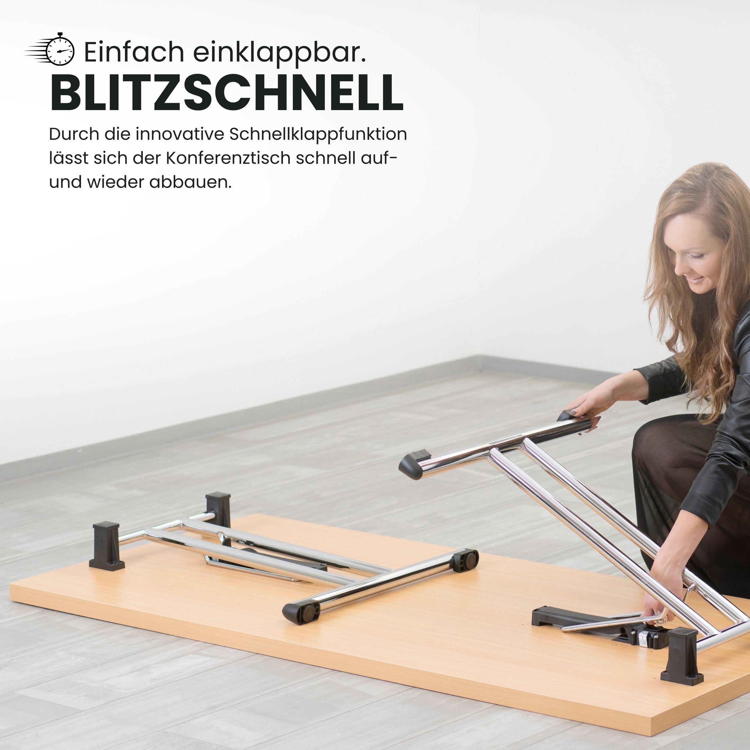 Bümö Klapptisch Buche 160 x 80 cm klappbar & stapelbar, klappbarer Schreibtisch, Klappschreibtisch, Tisch klappbar, Klappbarer Tisch, Klapptisch Holz-Platte, Gestell stabil aus Metall verchromt