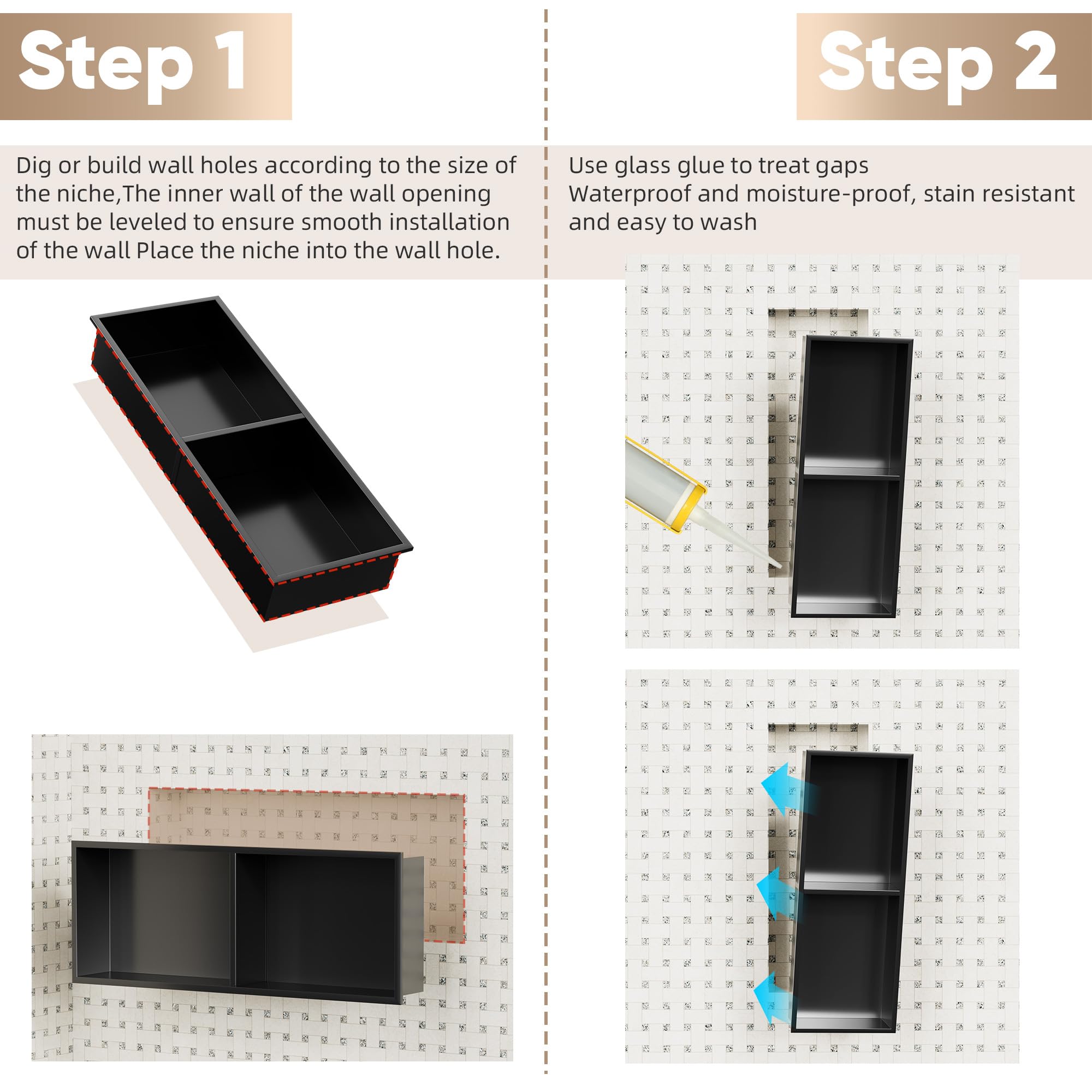 bimiti Nicho de pared de baño, negro, de acero inoxidable, organizador de doble estante de 70 x 28 x 12,5 cm, estante negro, almacenamiento de ducha para baño, cocina (1, doble capa)