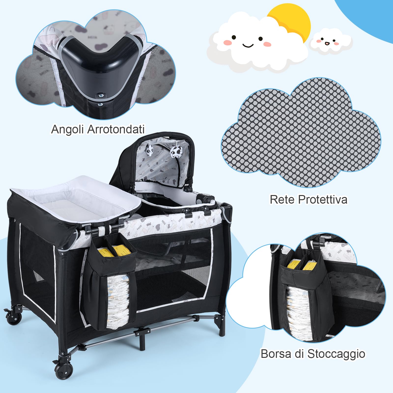 COSTWAY Culla Campeggio Bambini 5 in 1, Lettino Viaggio Neonati Pieghevole con Materasso, Fasciatoio e Tettoia, Box Portatile con Ruote, 2 Giocattoli Appesi e Carillon, per Bambini 0-3 Anni (Bianco)