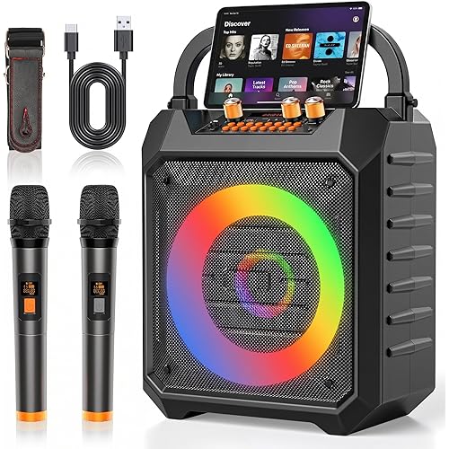 Portable Karaoke Machine Powerful Coaxial with 2 Wireless Mics Bluetooth Karaoke Speaker for Parties,Camping,Support BT/TF/USB/AUX/FM,Mic PRI,RGB Lights,PA System for All Holidays Singing Fun-Black