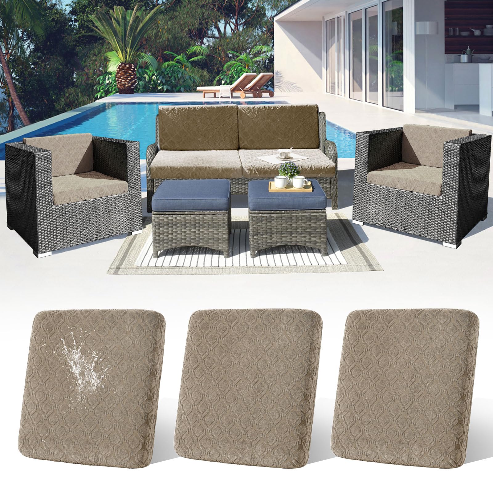 LiveGo Patio Stretch Sofa Cushion Cover Outdoor Cushion Cover Replacement Patio Furniture Cushions Couch Slipcovers Chair Seat Cover Soft Flexibility Protector (3, Tau tan)