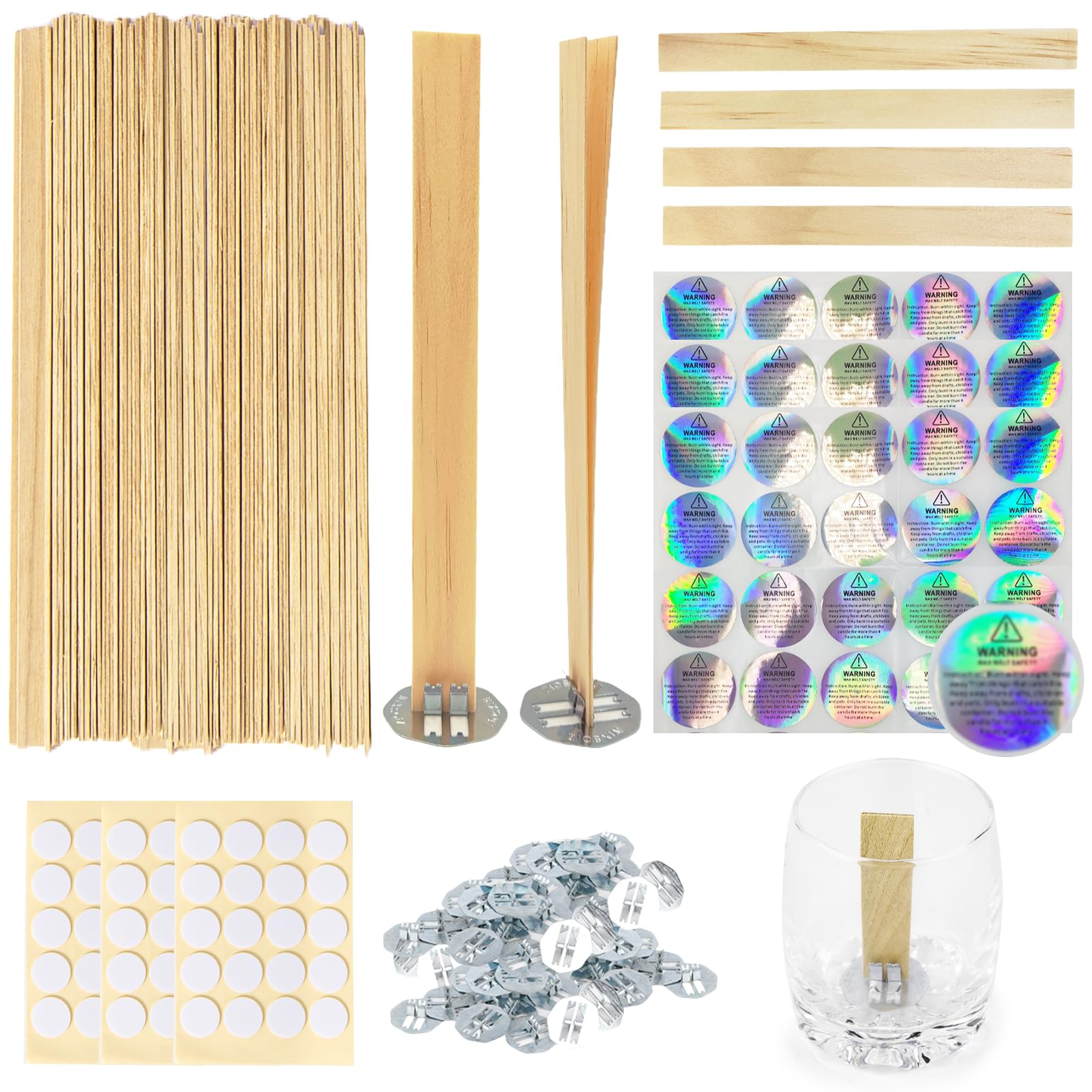 Ziosxin 120pcs Wood Candle Wicks, Long Lasting Flame, Easily Burn, Candle Cores with Stand and Glue Dot, Warning Label for DIY Candle Making