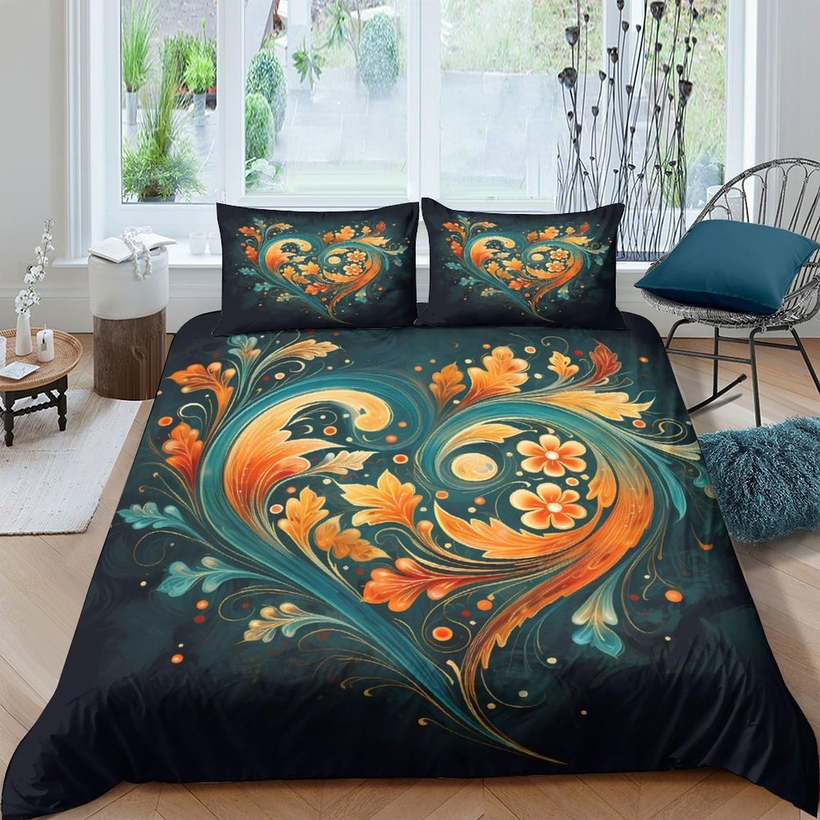 Ctjqhvkz Style-1 3D Printed Floral Heart Fitted Sheet Microfiber Orange Teal Artistic Mattress Cover For Bedroom Guest Room Decor Single（135X200cm）