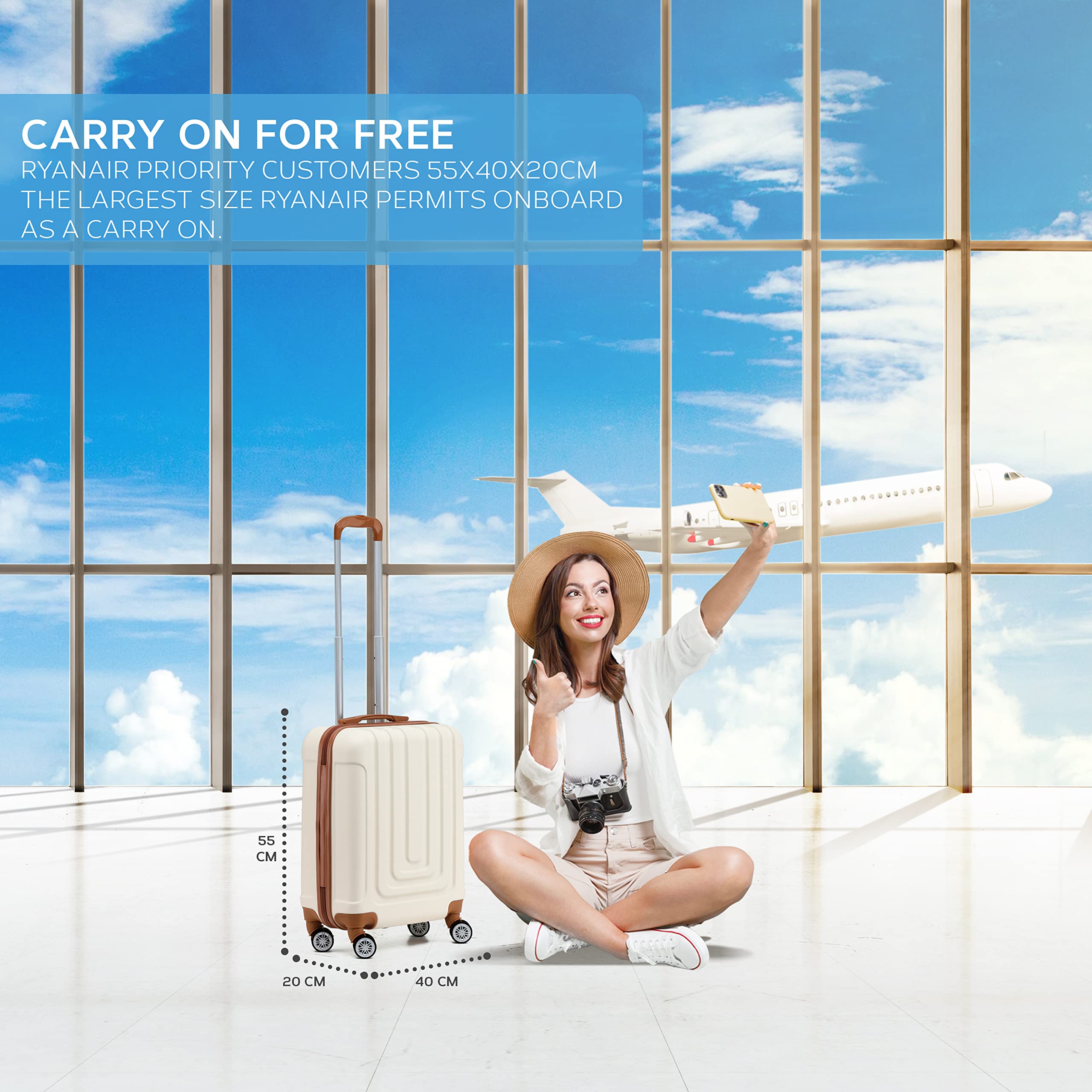 Flight Knight Premium Set of 2 Lightweight Cabin Suitcase - 8 Spinner Wheels - Built-in TSA Lock & USB Port - Luggage Approved for Over 100 Airlines Including Ryanair Priority - 55x40x20cm