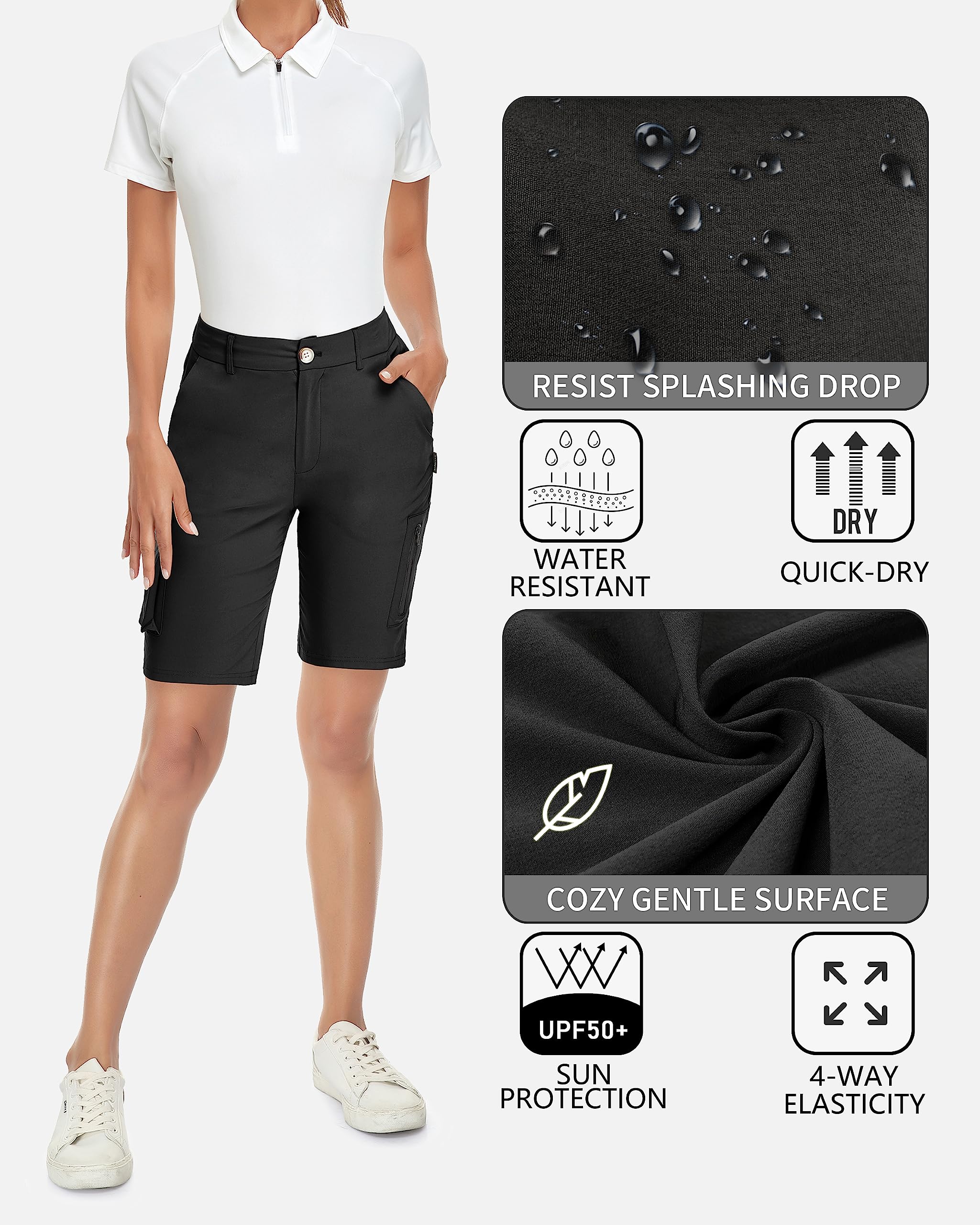 Soneven Léger Shorts Cargo Femme Été Taille Elastique Pantalons Court Taille Haute Fermeture éclair pour Randonnée Golf Loisir Safari avec Poches Zippées