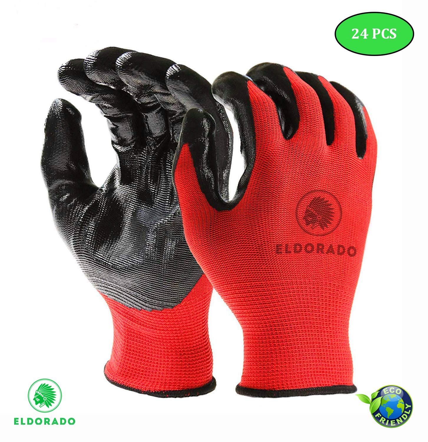 Eldorado Nitrile Coated Multipurpose Work Gloves with Grip. Color: Red (24 Pairs Pack, XL)